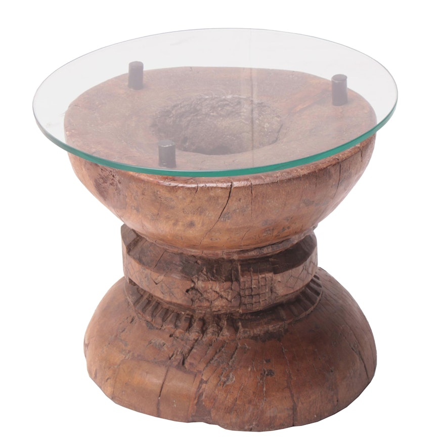 Converted Indian Wooden Rice Grinder Accent Table