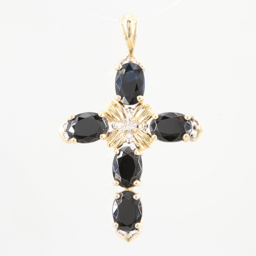 14K Yellow Gold Diamond and Sapphire Cross Pendant