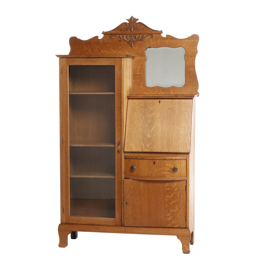 Victorian Style Oak Curio Secretary Desk Bookcase by Larkin, Early 20th Century