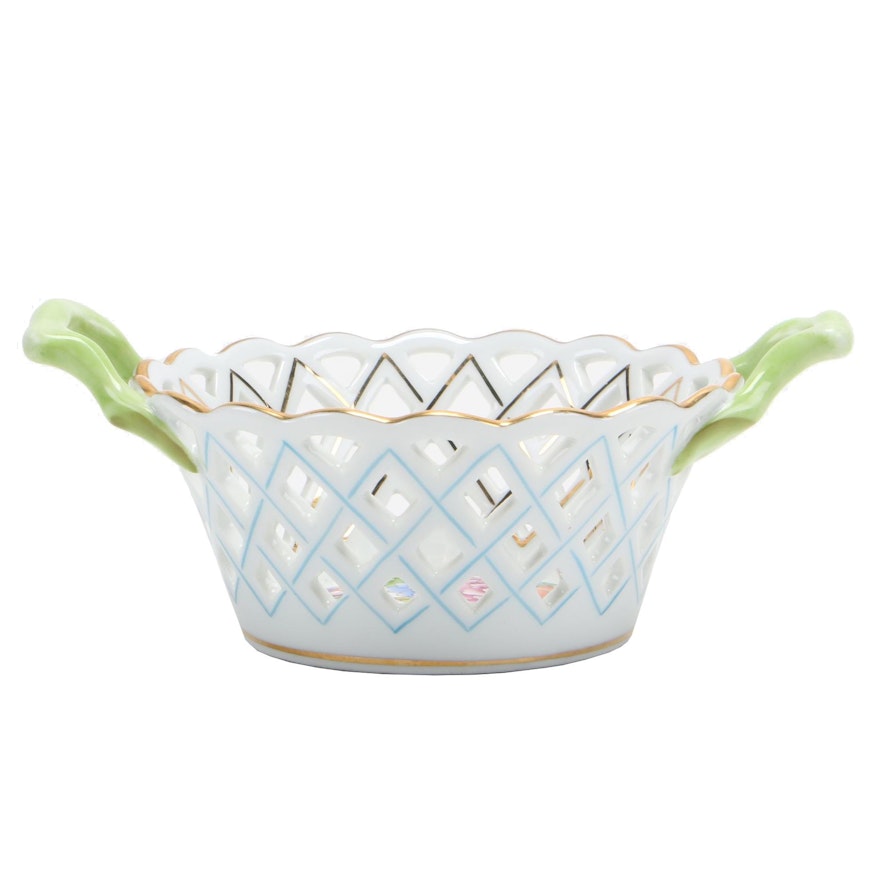 Herend "Queen Victoria" Porcelain Handled Open Weave Basket