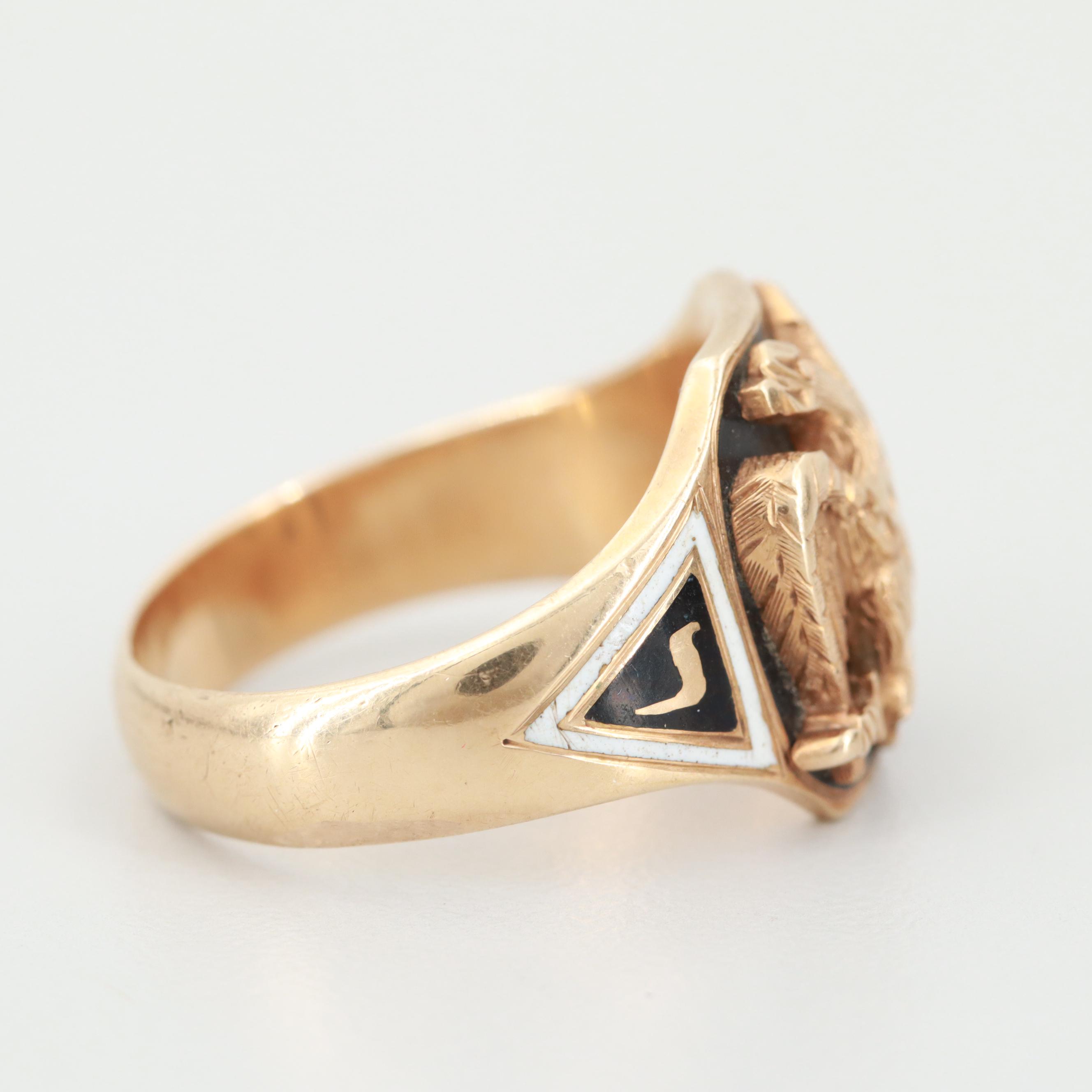 14K Yellow Gold Enamel Double Headed Eagle Ring