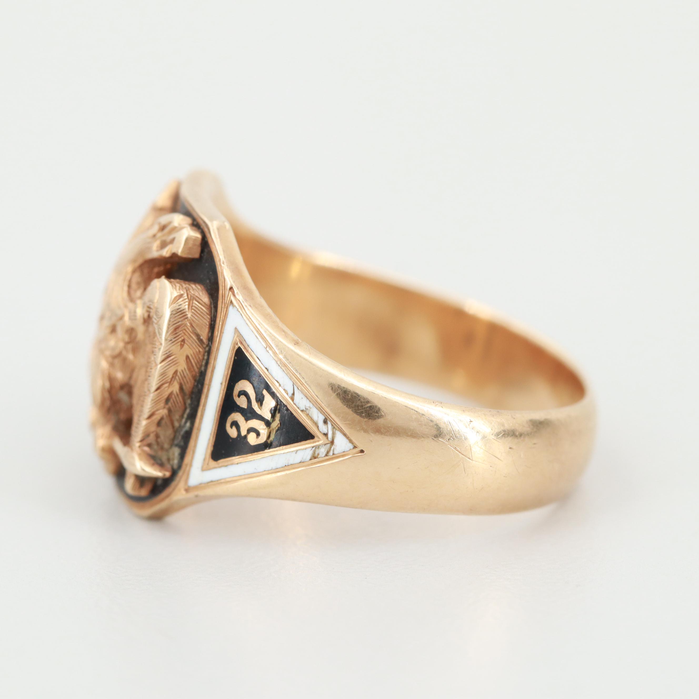 14K Yellow Gold Enamel Double Headed Eagle Ring