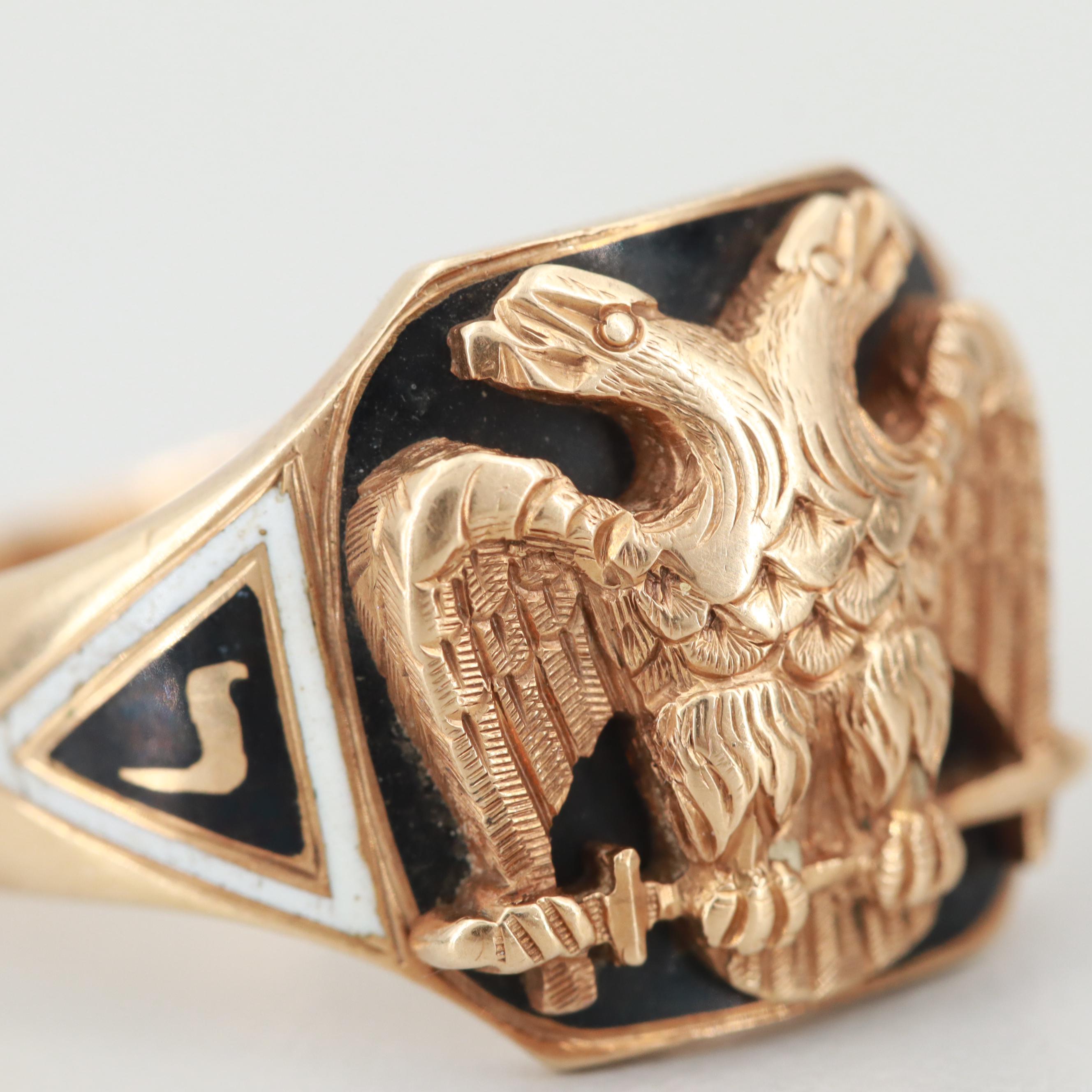 14K Yellow Gold Enamel Double Headed Eagle Ring