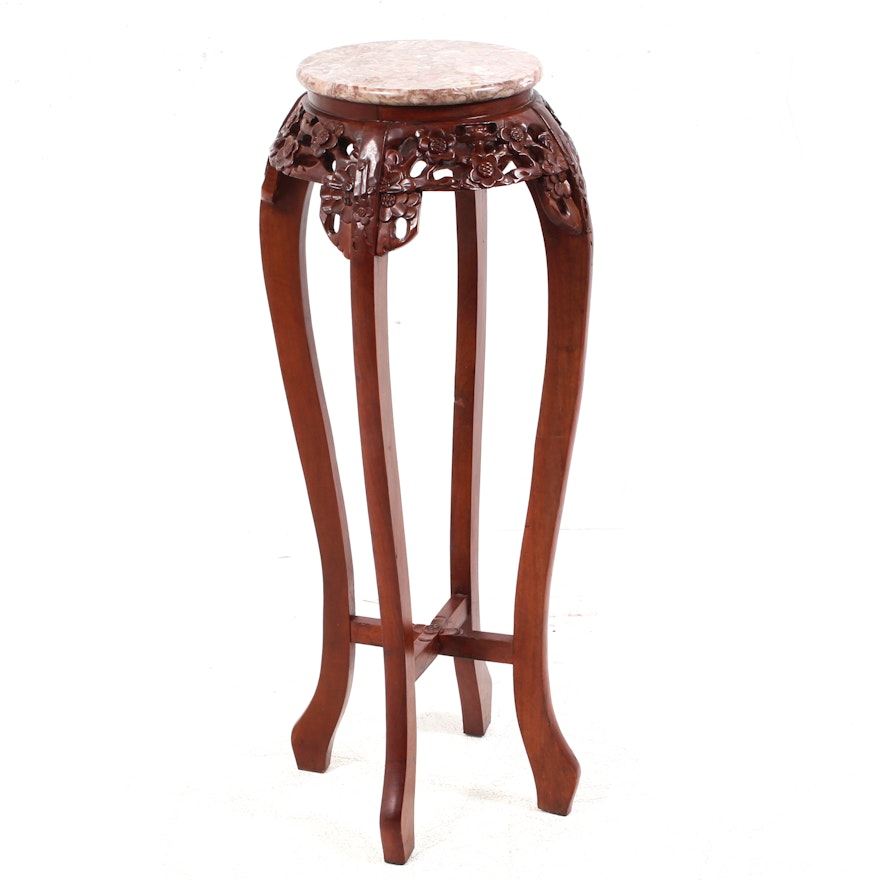 Chinese Carved Exotic Hardwood Marble Top Plant Stand