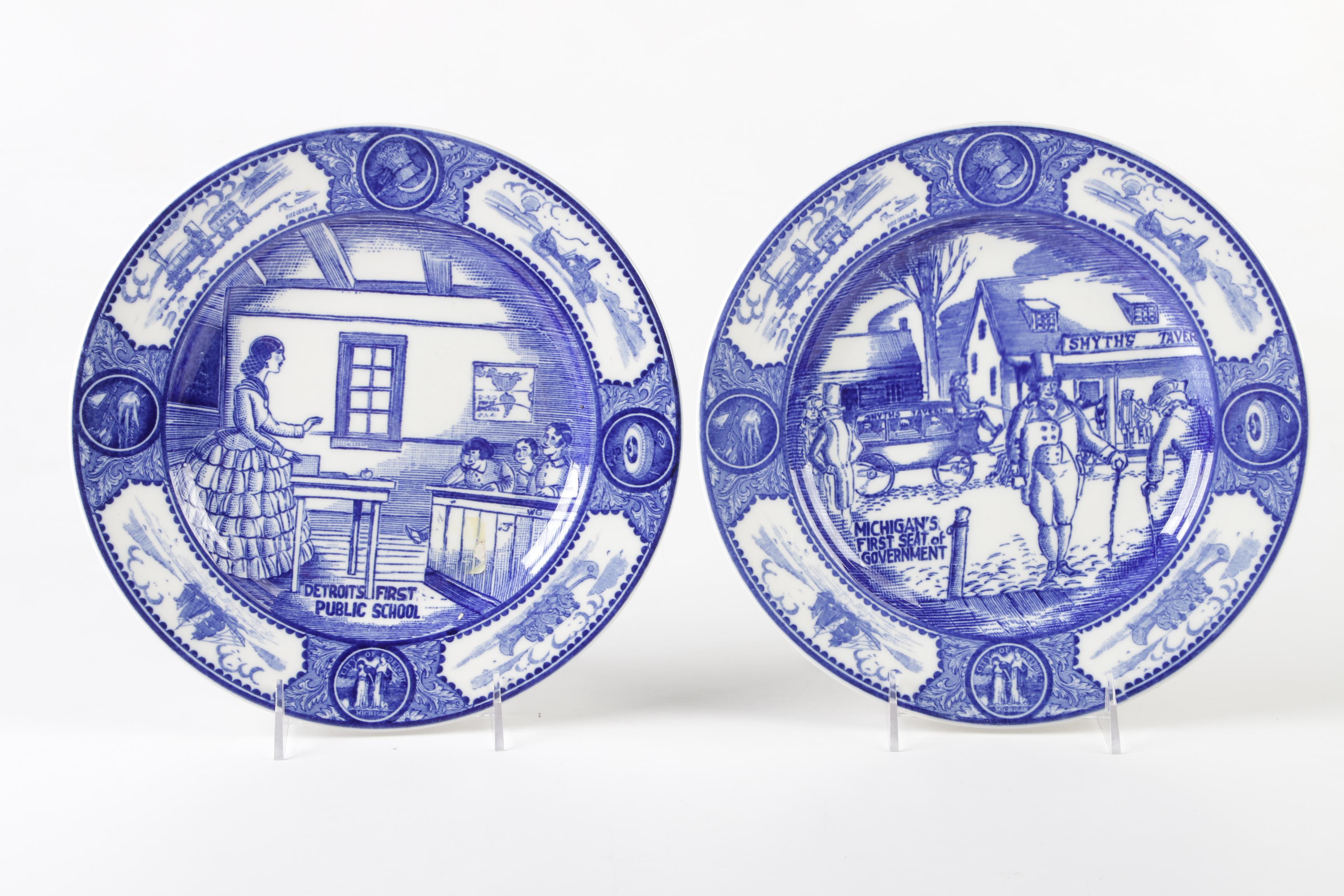 Spode Copeland "Historical Scenes of Early Detroit" Transferware Dinner Plates