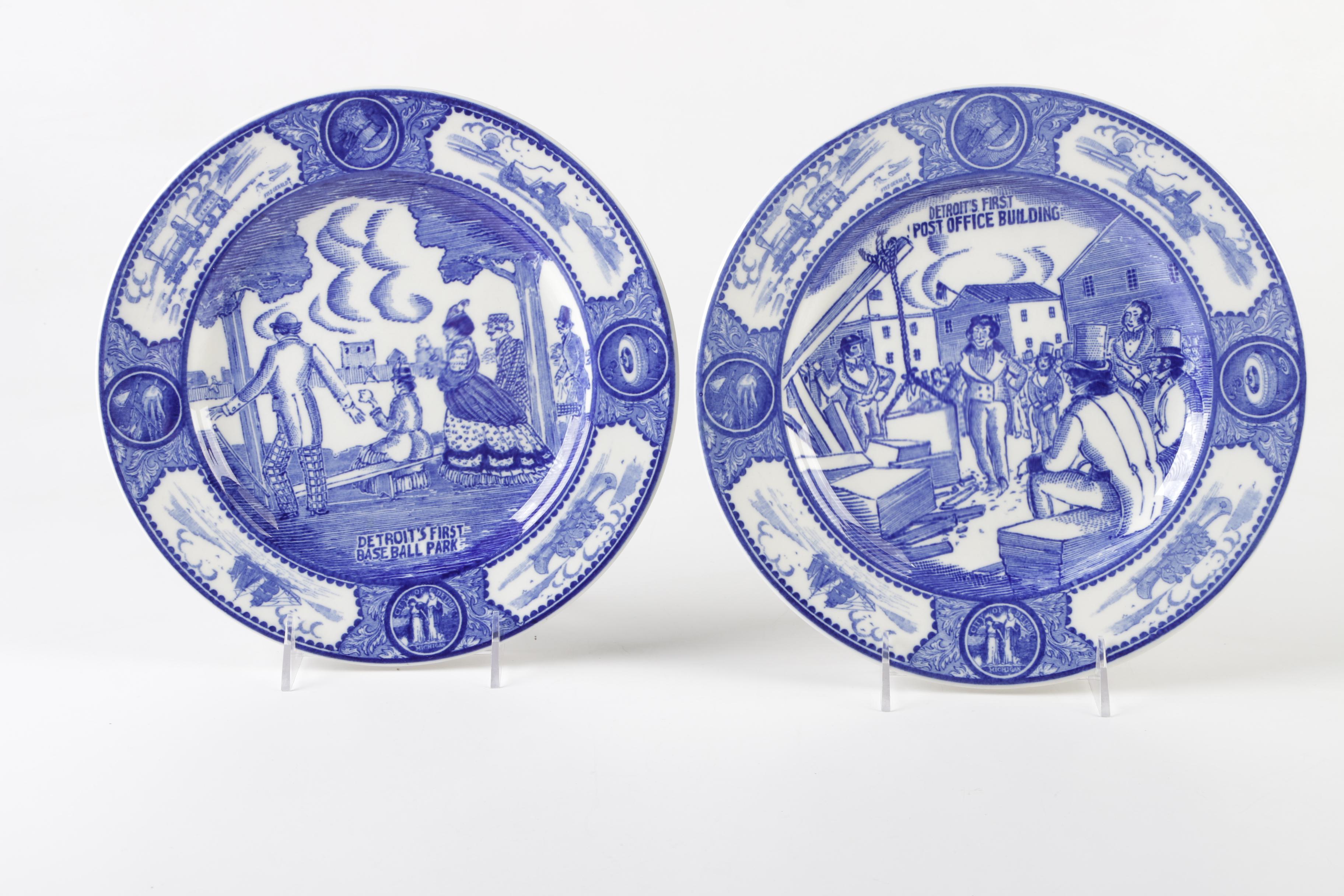 Spode Copeland "Historical Scenes of Early Detroit" Transferware Dinner Plates