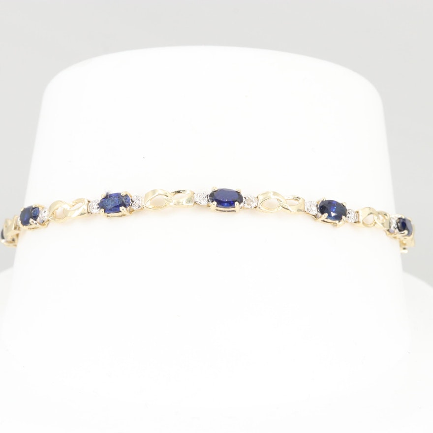 10K Yellow Gold Synthetic Sapphire and Diamond Bracelet