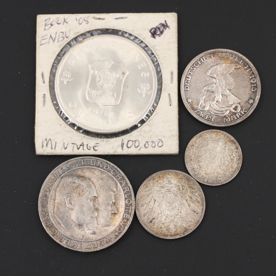 Group of Five Antique to Vintage Foreign Silver Coins