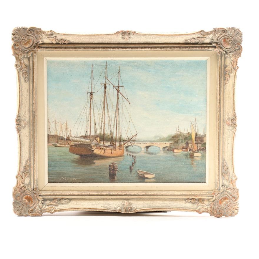 J. Neumann Oil Painting of Harbor Scene