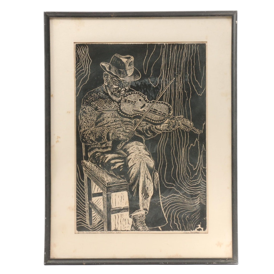 Olive Nordby Limited Edition Woodblock Print "Gamle Spillemann (Old Fiddler)"