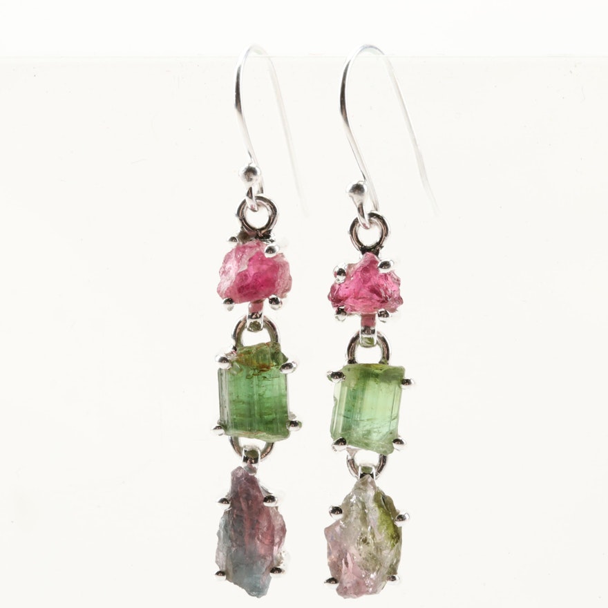 Sterling Silver Rough Tourmaline Dangle Earrings