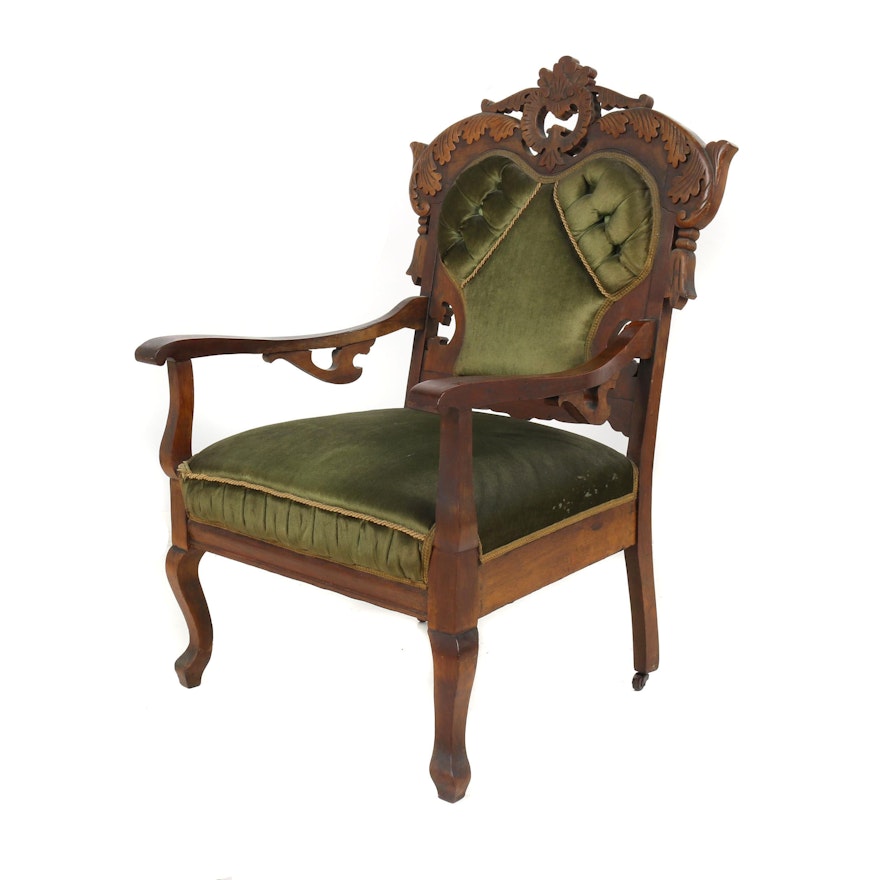 Eastlake Victorian Carved Walnut Frame Upholstered Armchair, 19th Century