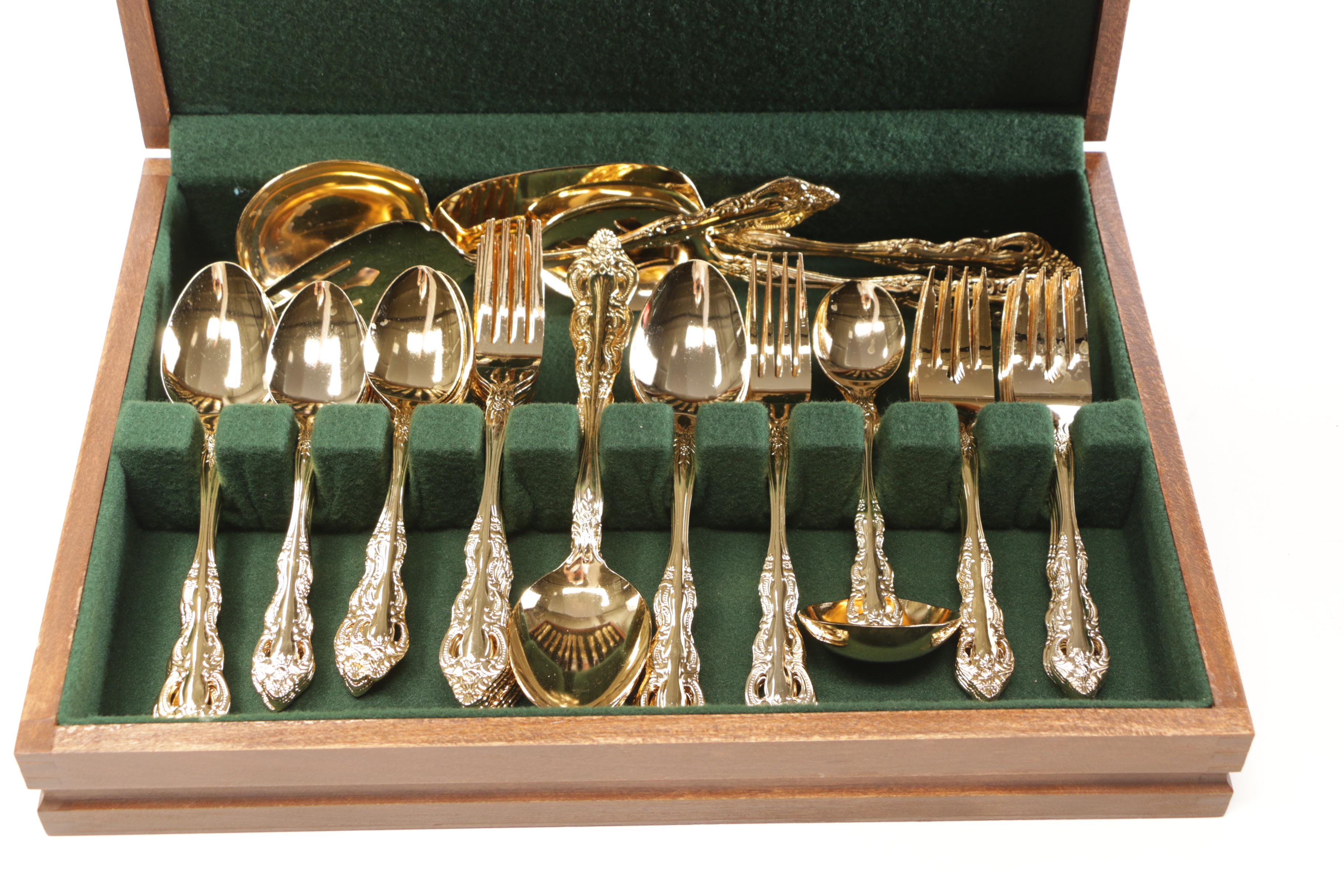 Japanese Electro Gold Plate Stainless Steel "Royal Splendor" Flatware with Chest