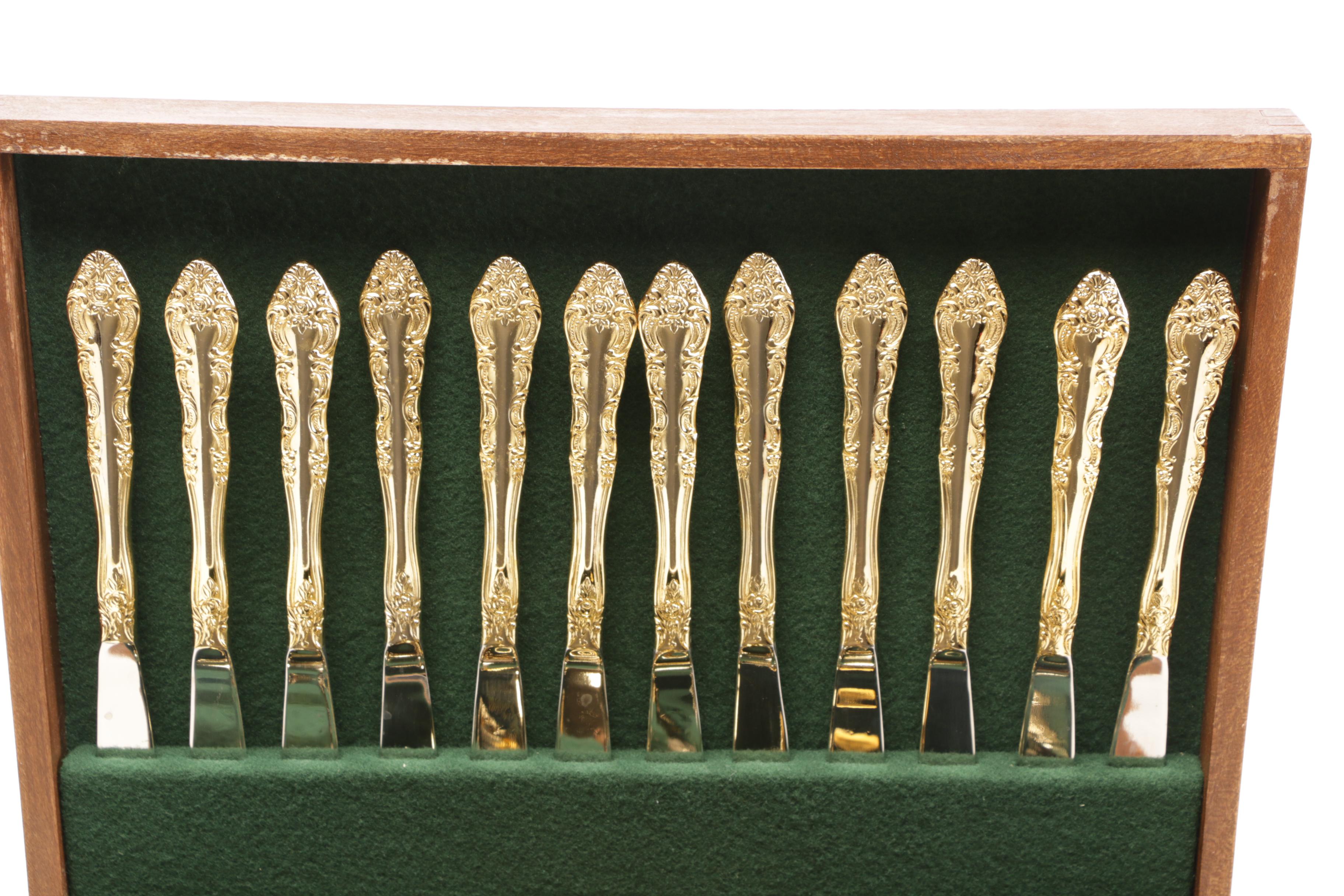 Japanese Electro Gold Plate Stainless Steel "Royal Splendor" Flatware with Chest