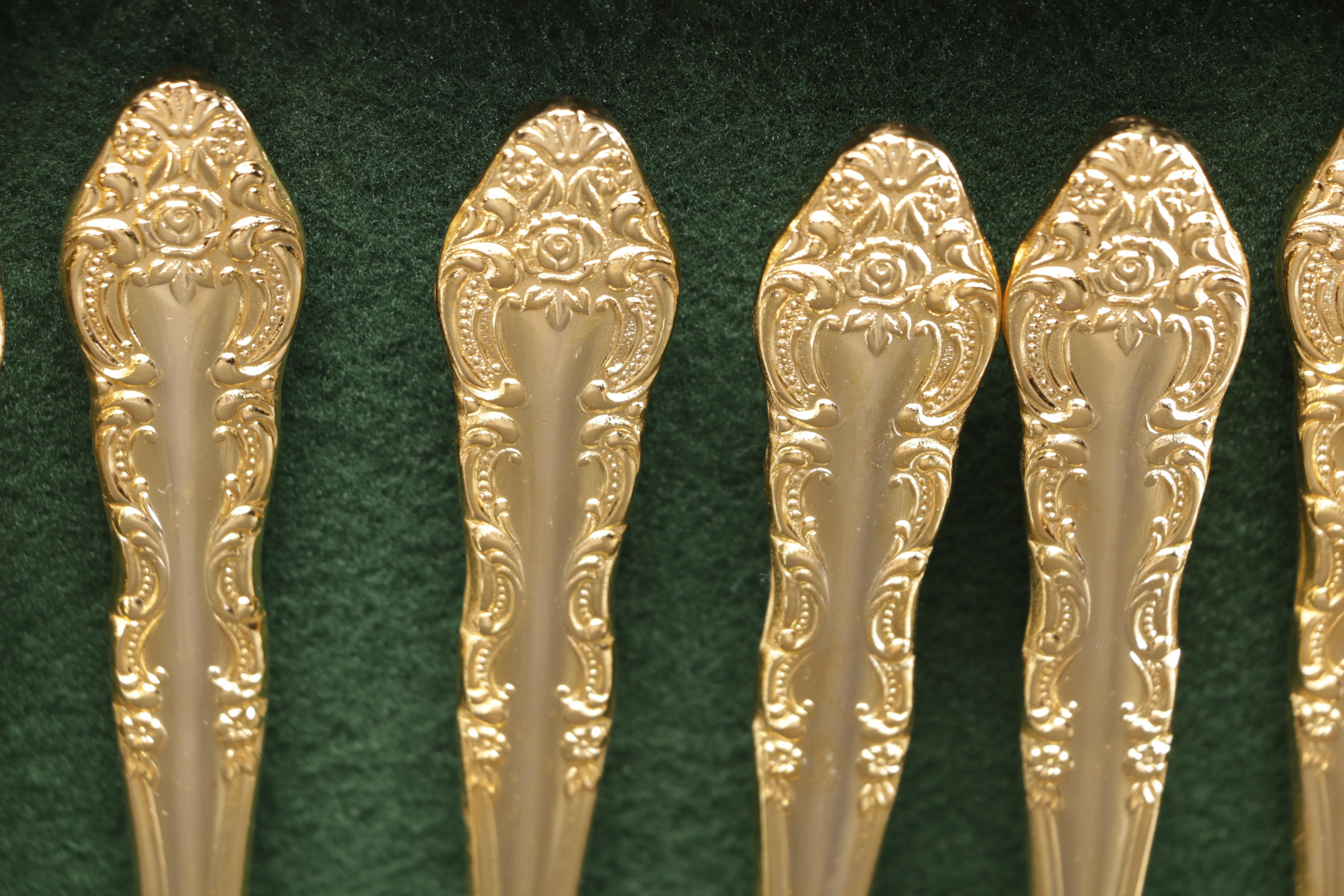 Japanese Electro Gold Plate Stainless Steel "Royal Splendor" Flatware with Chest