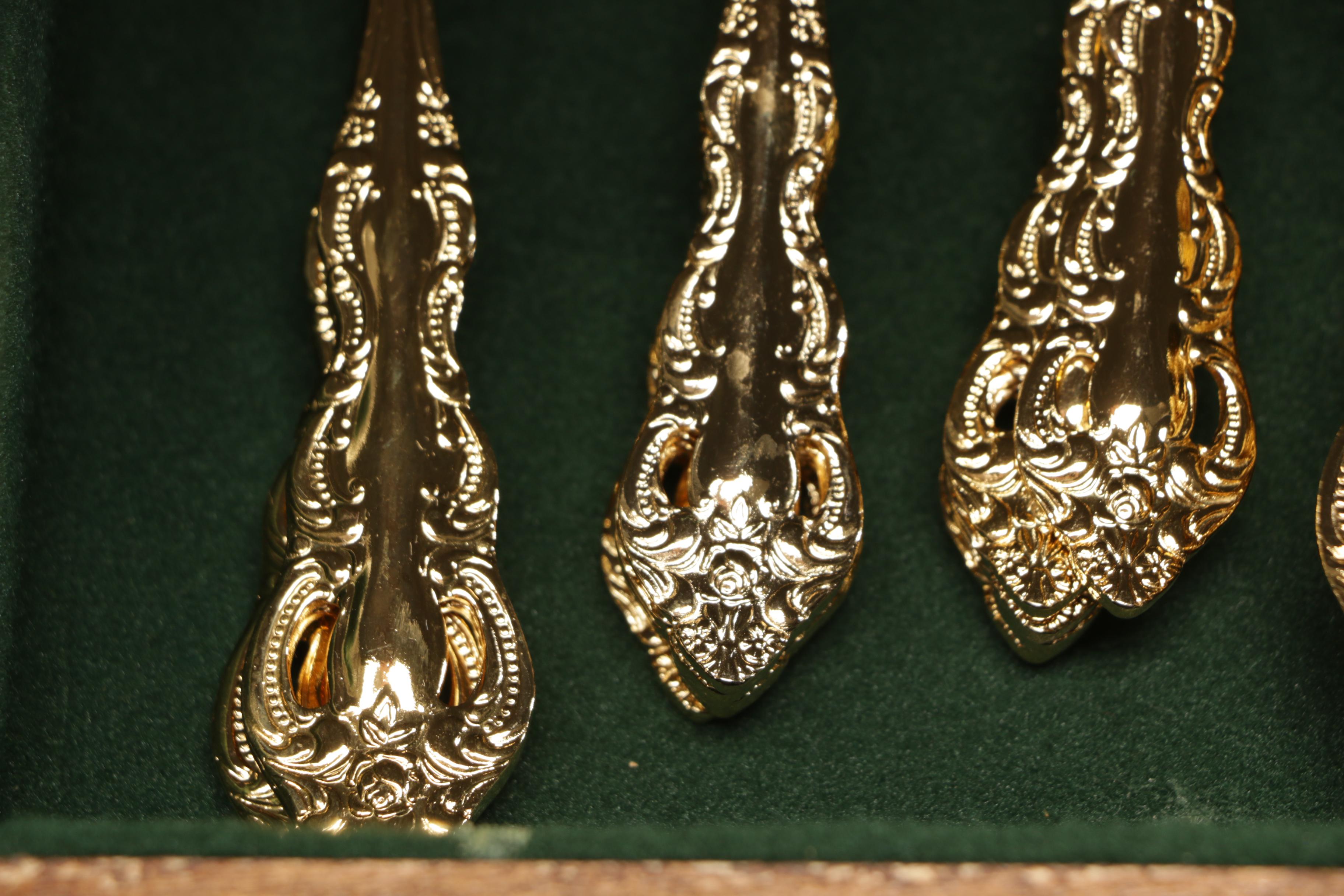 Japanese Electro Gold Plate Stainless Steel "Royal Splendor" Flatware with Chest