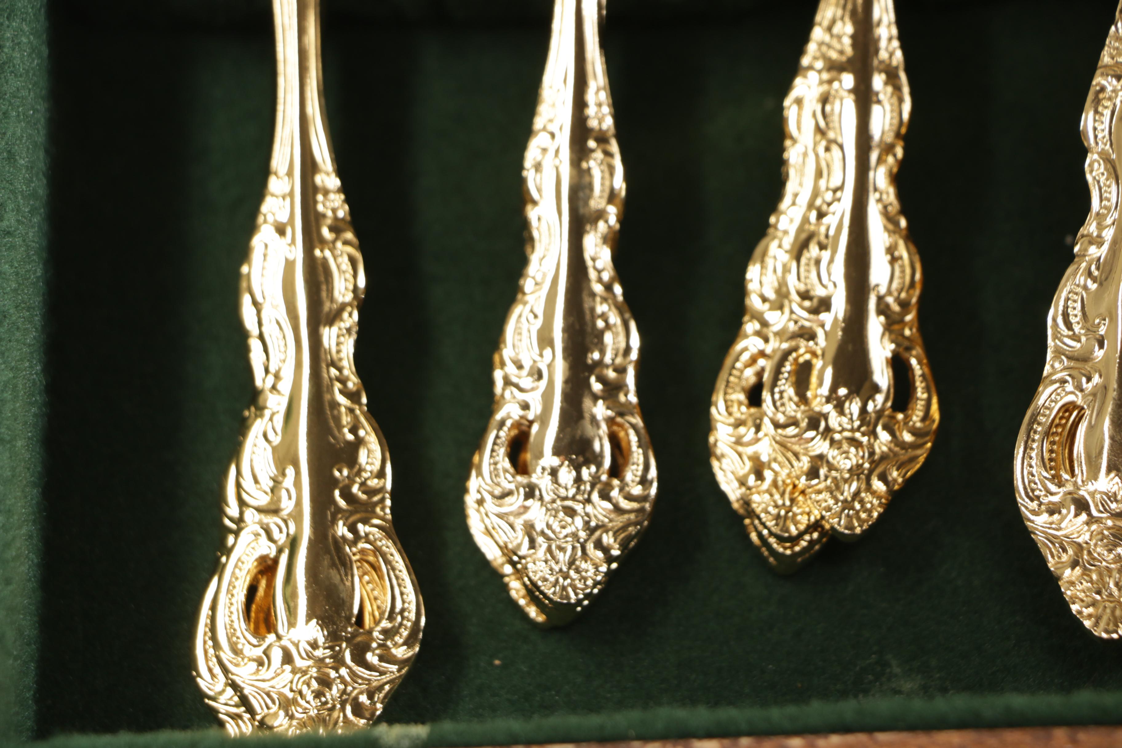 Japanese Electro Gold Plate Stainless Steel "Royal Splendor" Flatware with Chest