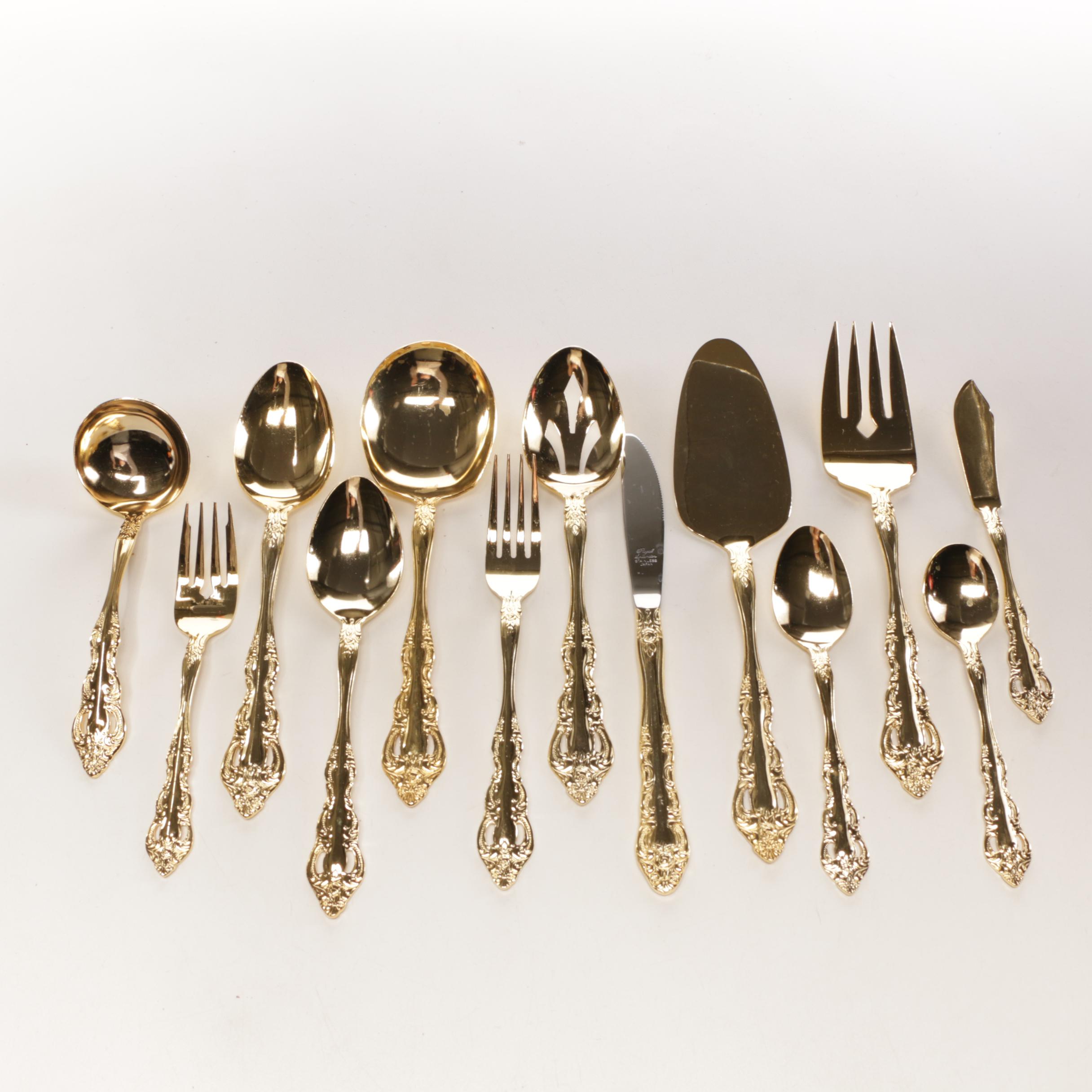 Japanese Electro Gold Plate Stainless Steel "Royal Splendor" Flatware with Chest