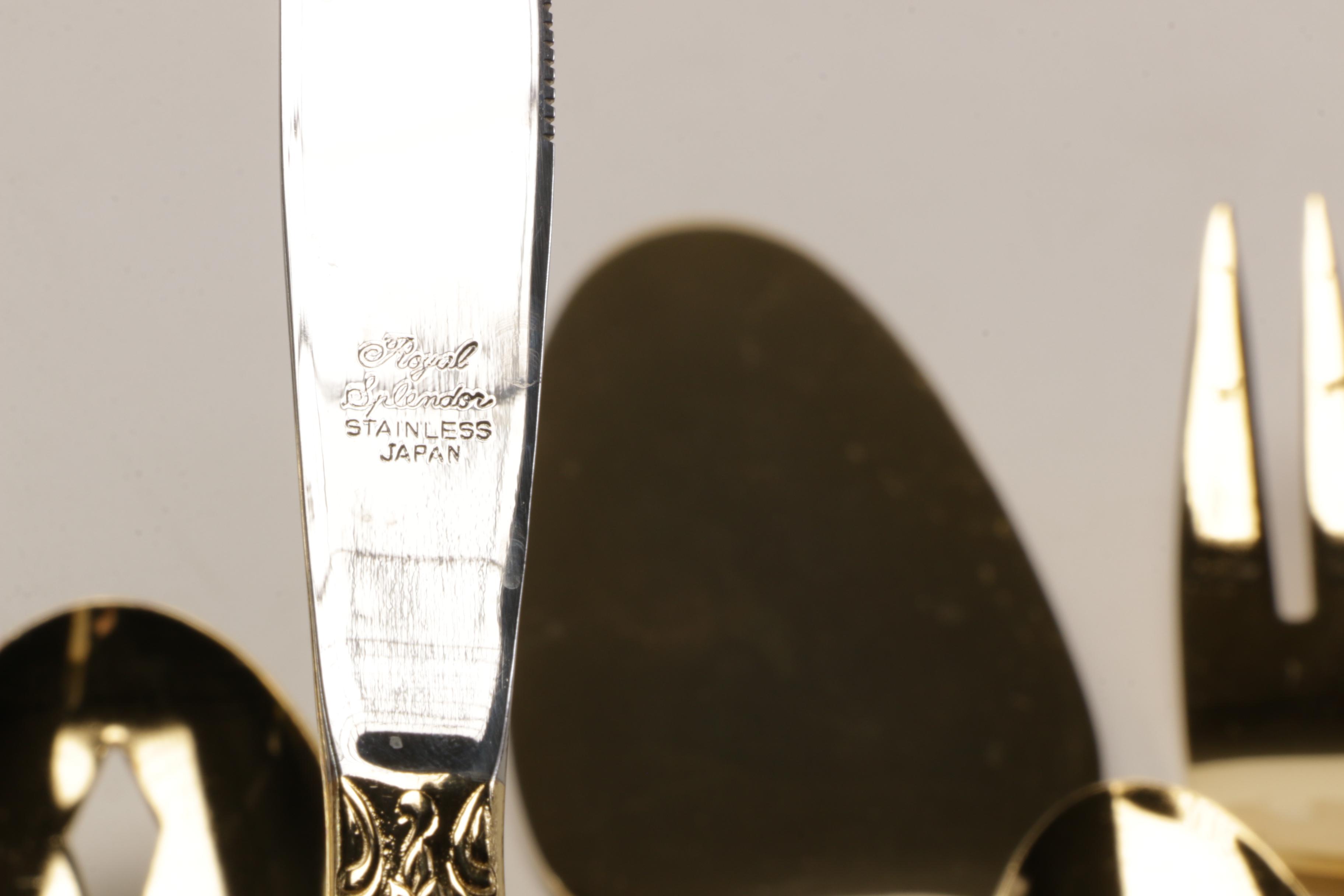 Japanese Electro Gold Plate Stainless Steel "Royal Splendor" Flatware with Chest