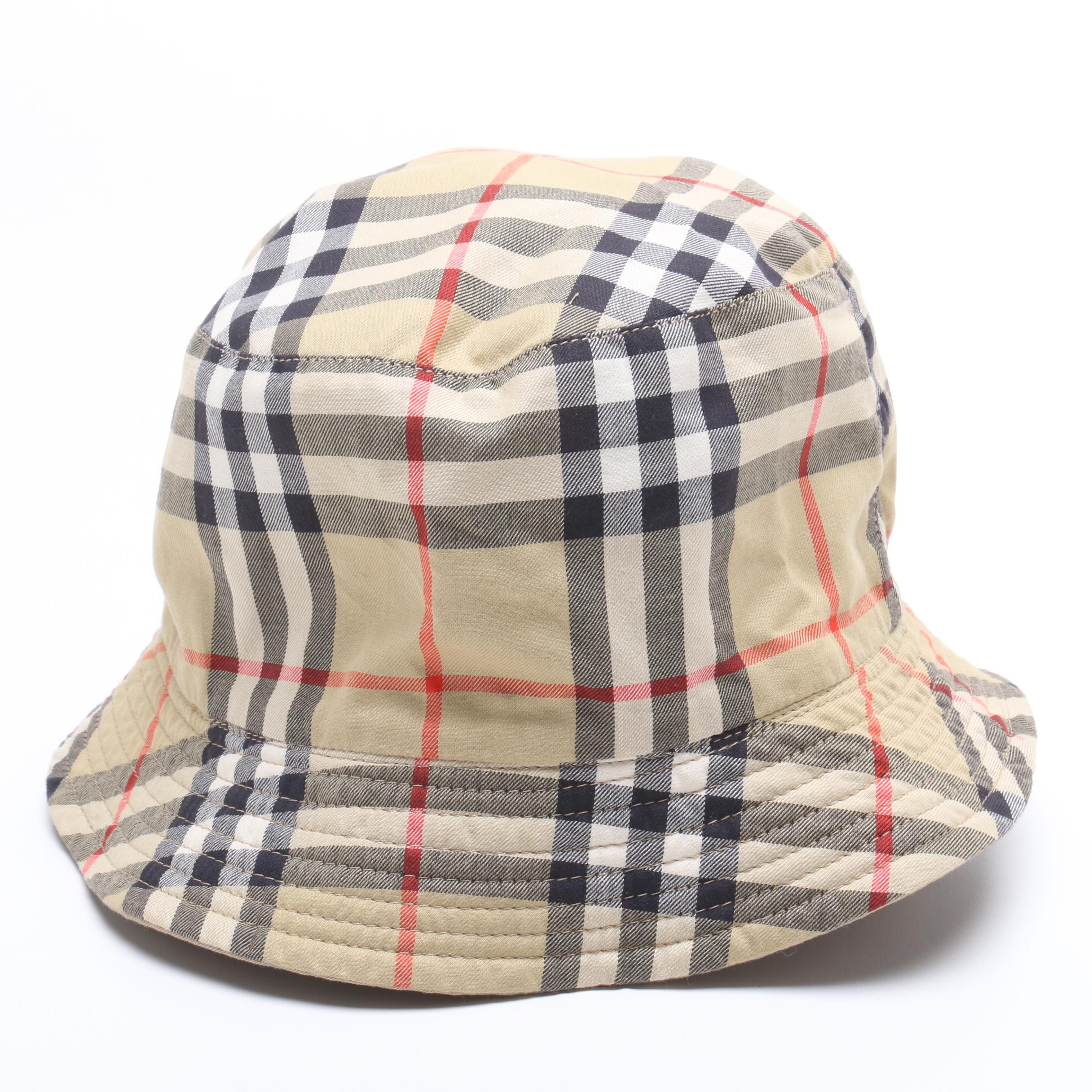 Burberry London Silk Scarf and Cotton Buckle Hat with Velcro Storage Bag