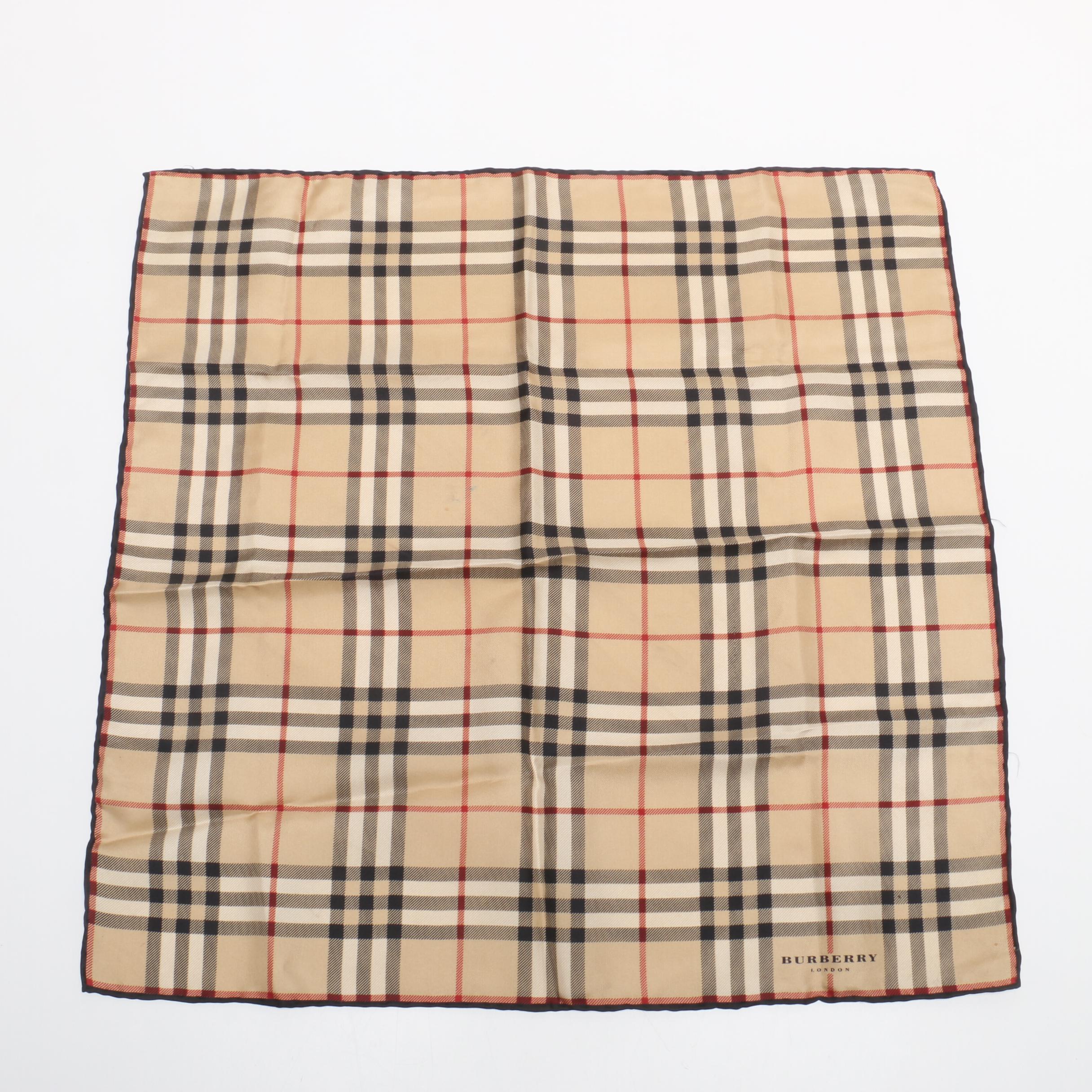 Burberry London Silk Scarf and Cotton Buckle Hat with Velcro Storage Bag