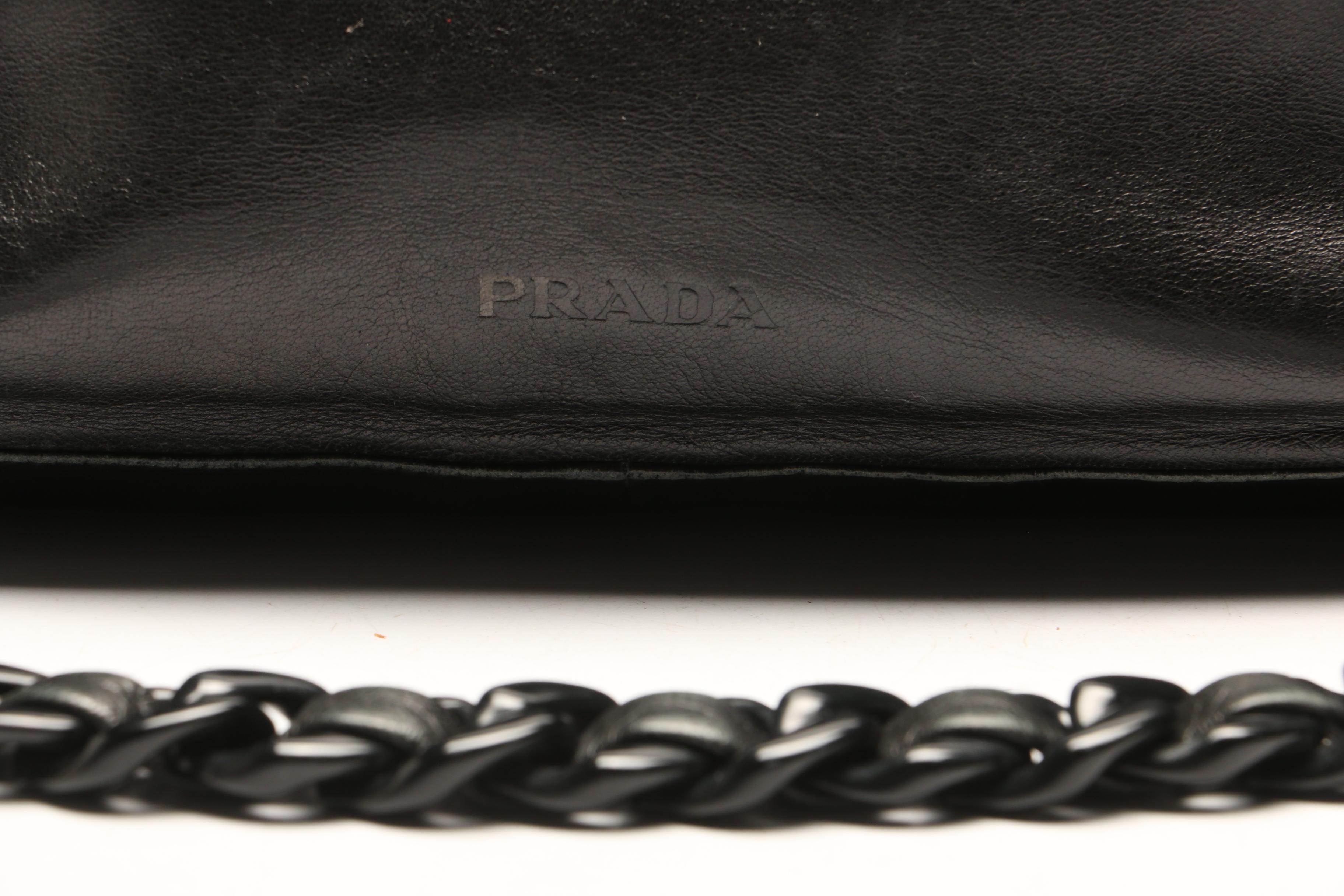Prada Black Leather Shoulder Bag with Acrylic Chain and Leather Strap