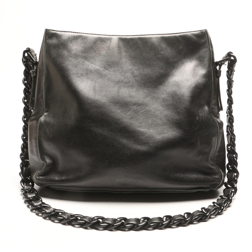 Prada Black Leather Shoulder Bag with Acrylic Chain and Leather Strap