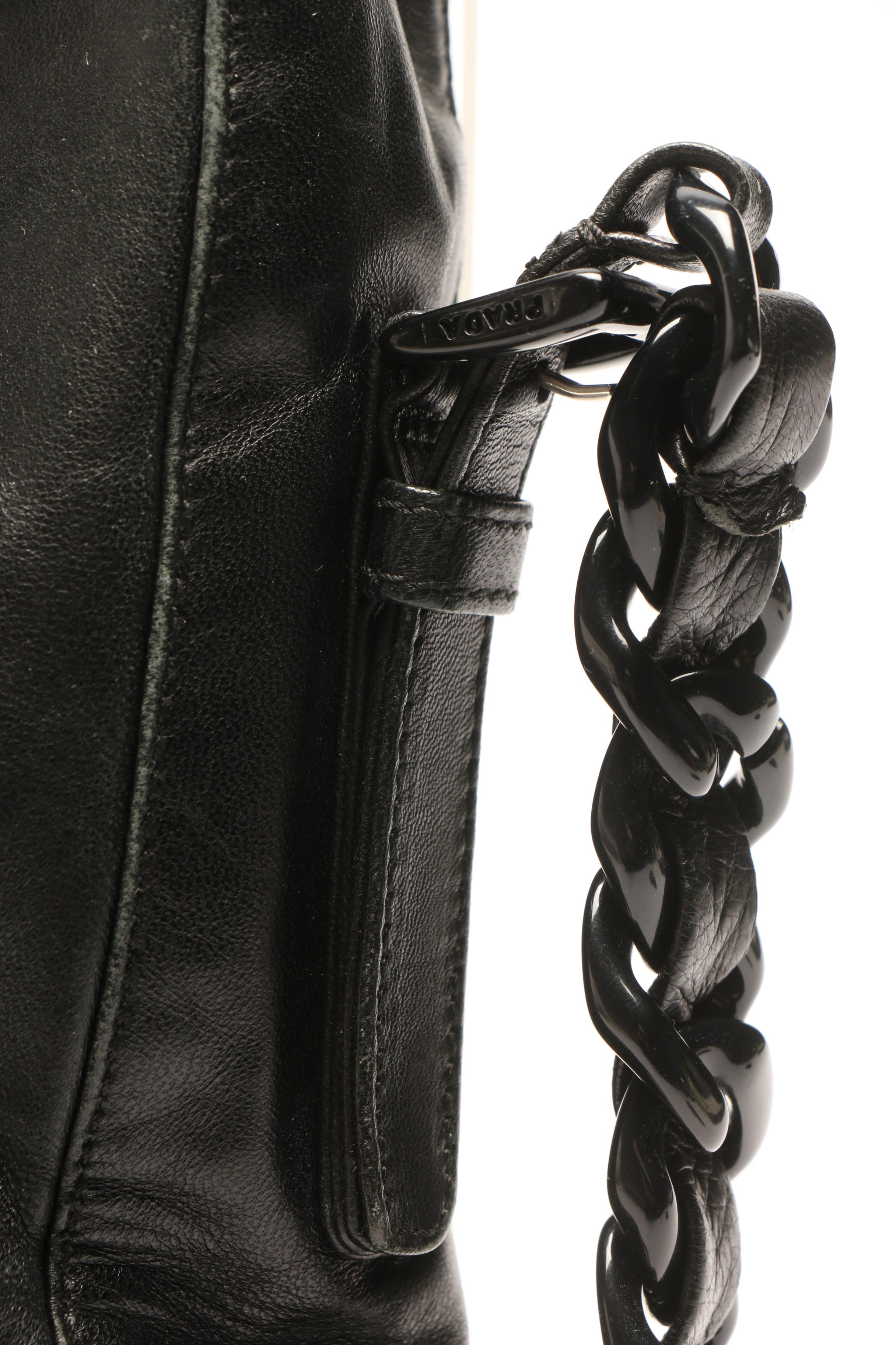 Prada Black Leather Shoulder Bag with Acrylic Chain and Leather Strap