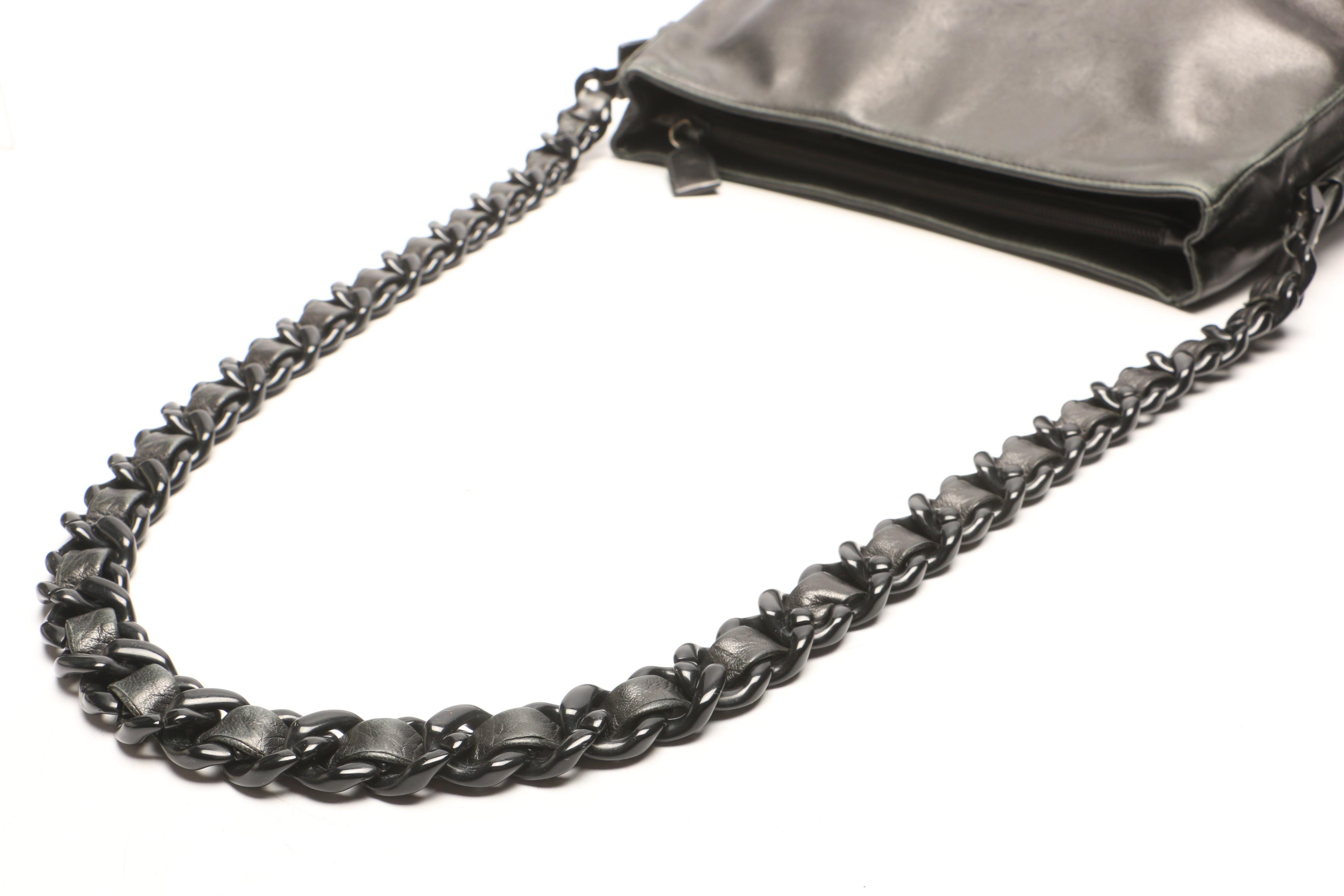 Prada Black Leather Shoulder Bag with Acrylic Chain and Leather Strap