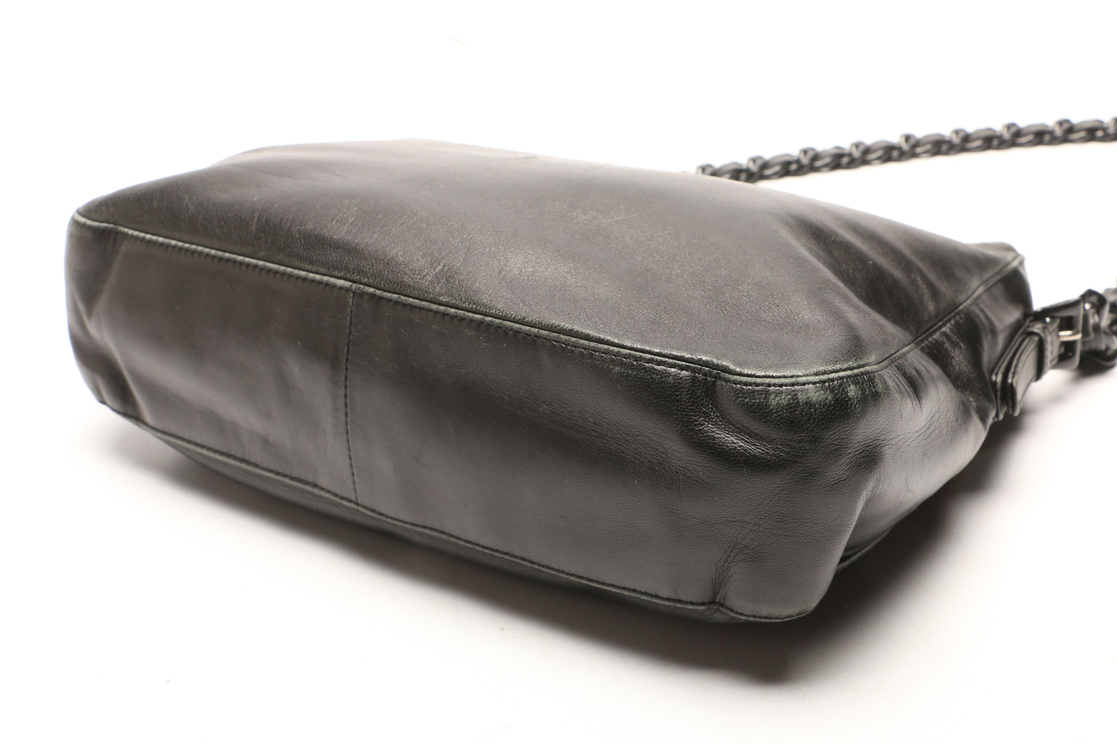 Prada Black Leather Shoulder Bag with Acrylic Chain and Leather Strap