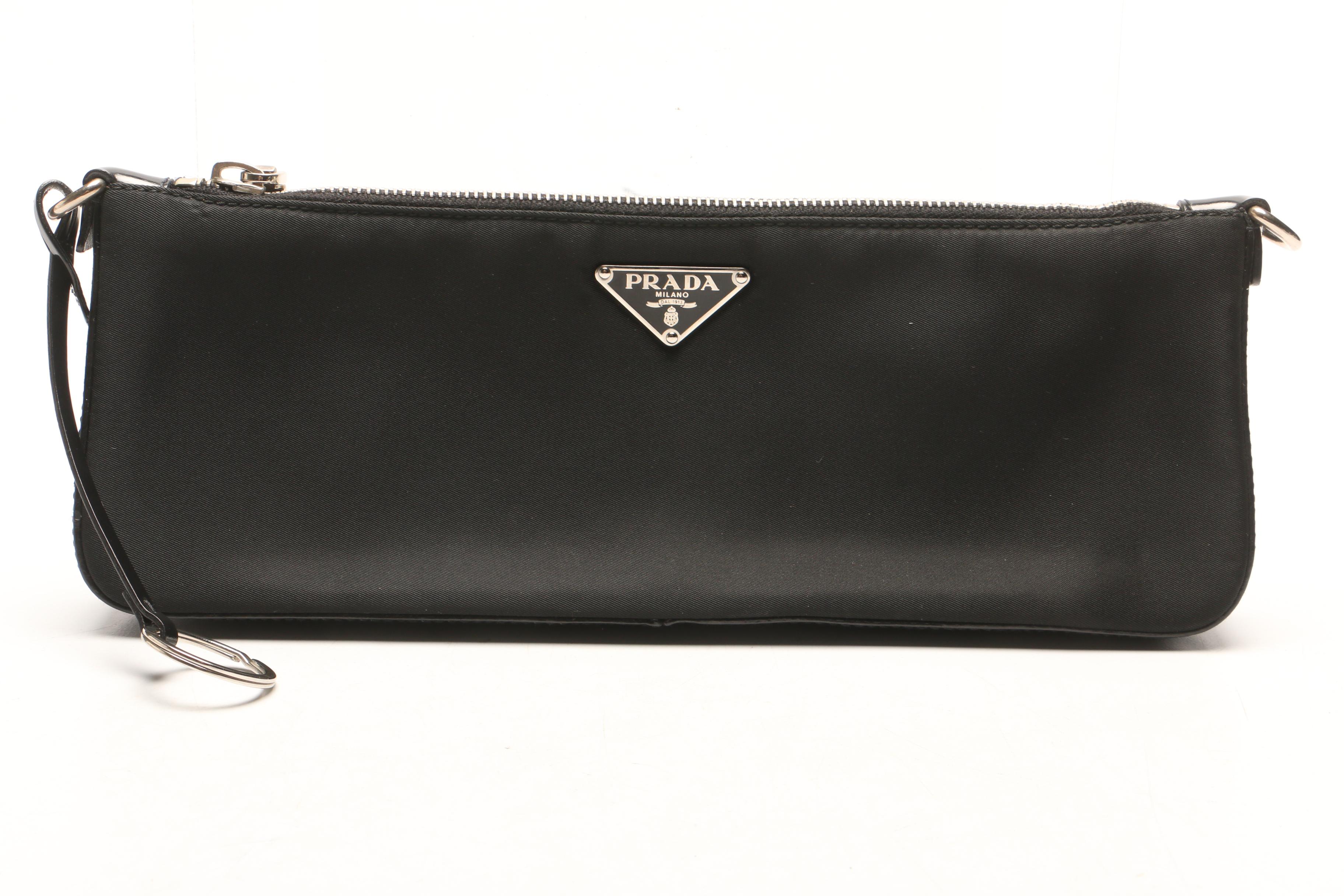 Prada Black Nylon Pochette Bag with Prada Robot Keychain