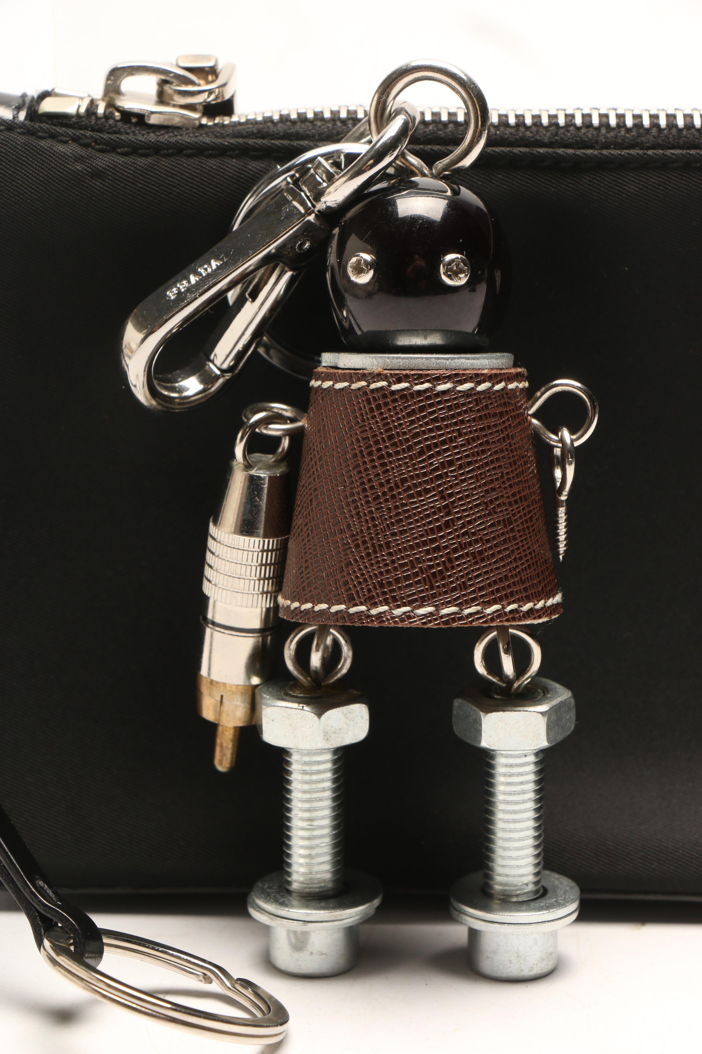 Prada Black Nylon Pochette Bag with Prada Robot Keychain