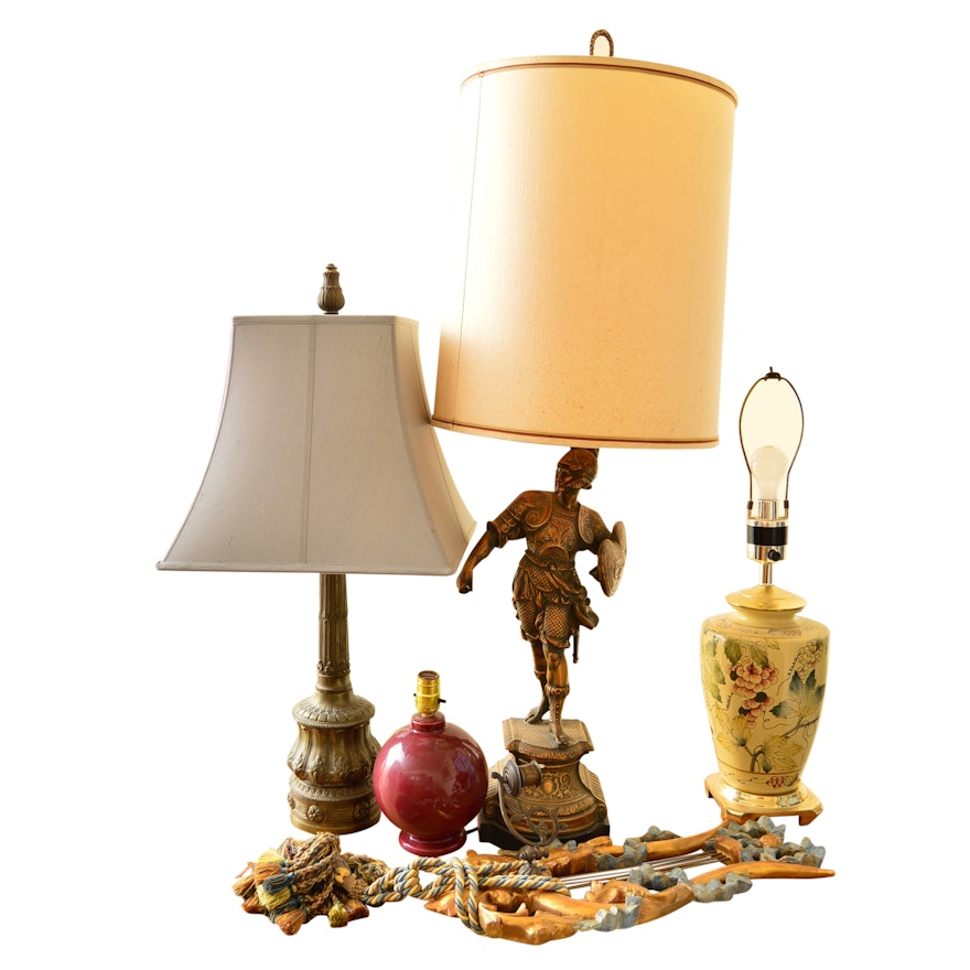 Group of Table Lamps and Wall Decor/Hat Rack