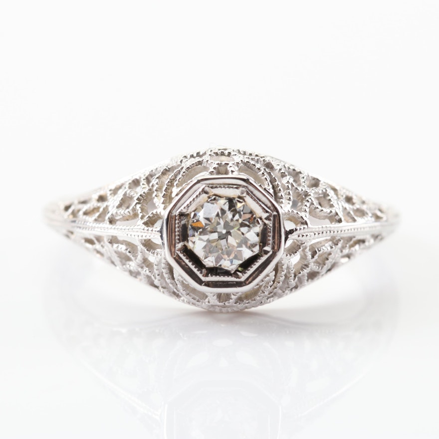 14K White Gold Old European Cut Diamond Ring