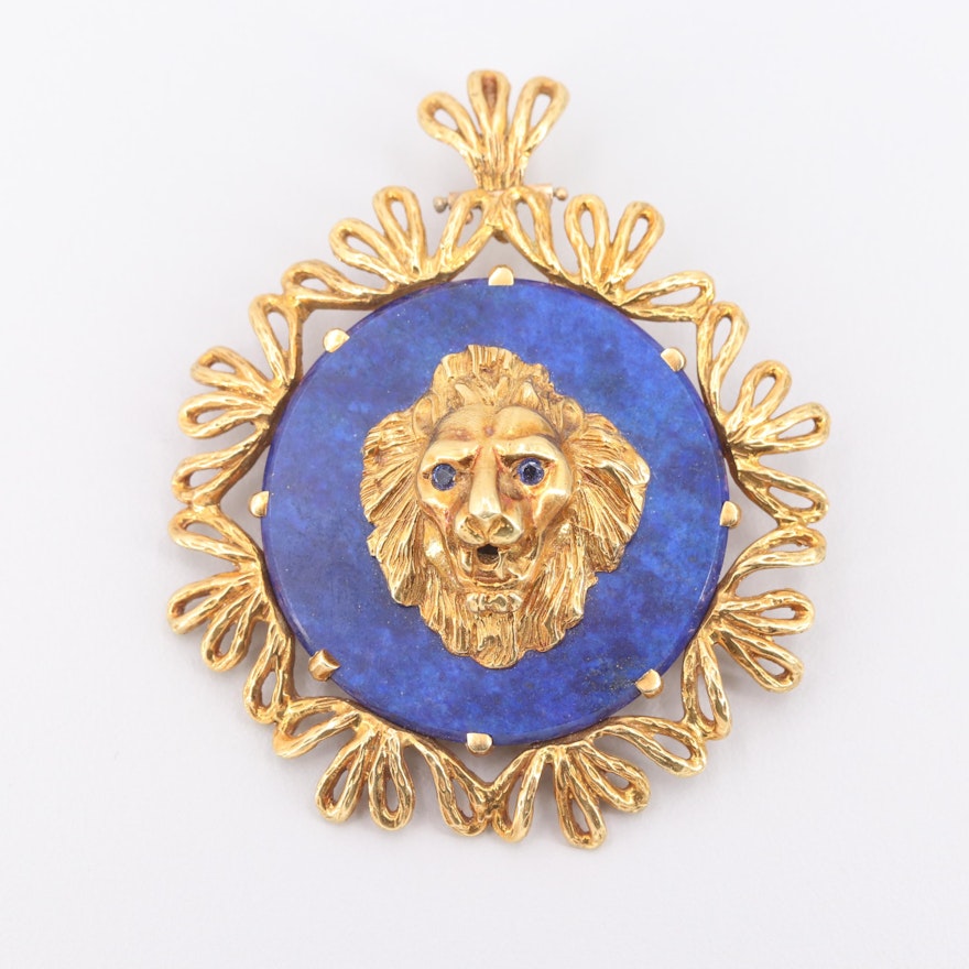 18K Yellow Gold Sapphire and Lapis Lazuli Lion Head Motif Pendant