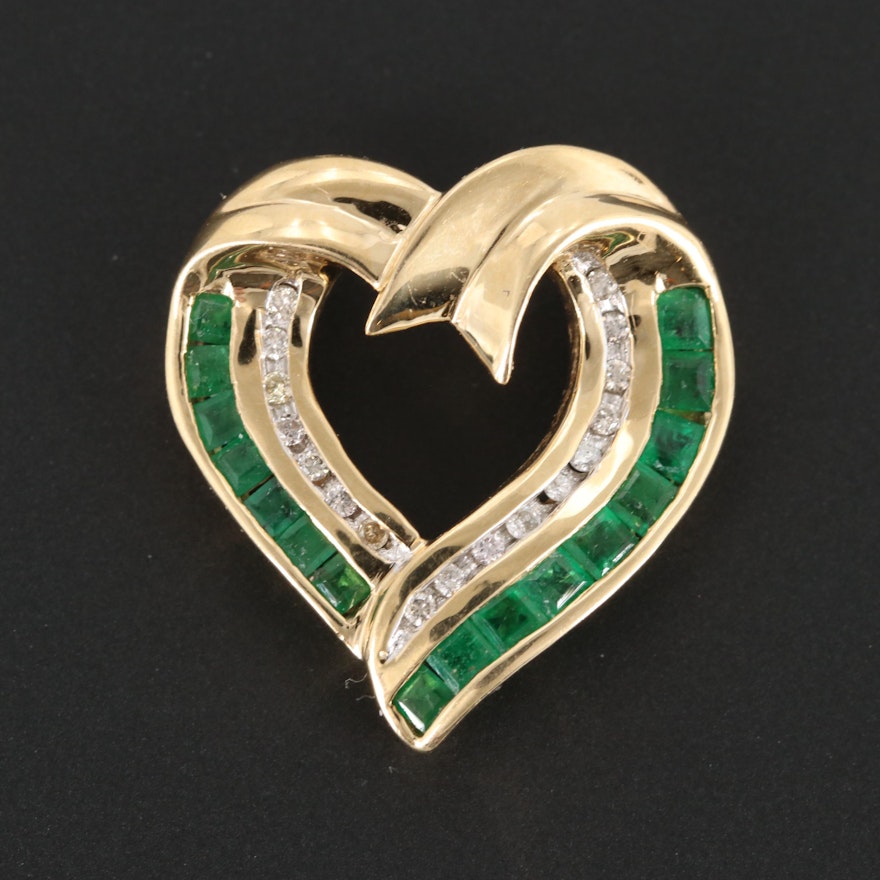 14K Yellow Gold Emerald and Diamond Open Heart Pendant
