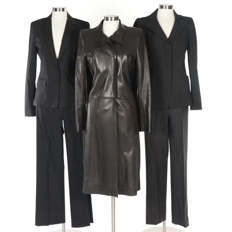 Women's Pinstripe Suits Including Tahari and Costume National Leather Coat