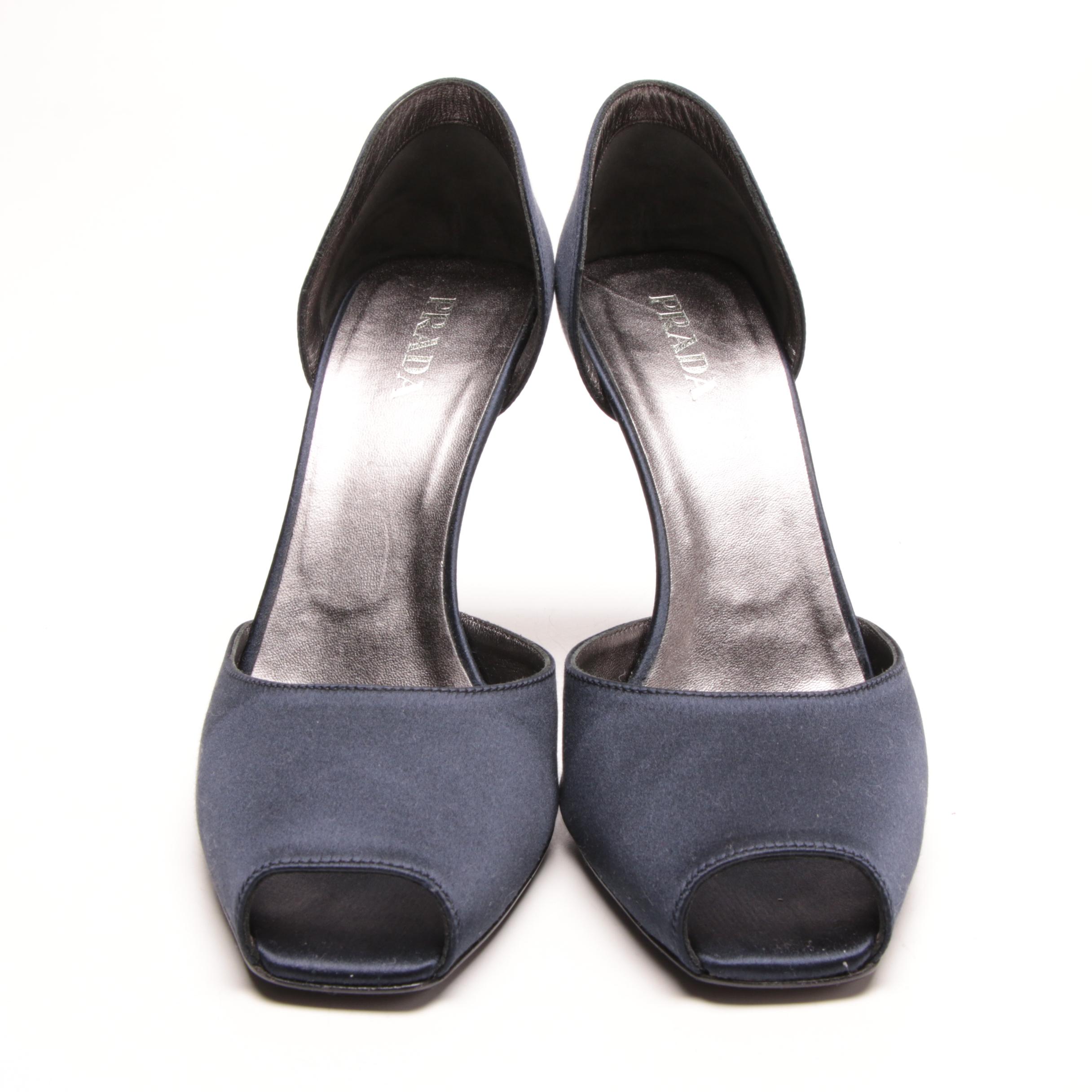 Prada Navy Blue and Black Satin High-Heeled D'Orsay Peep-Toe Pumps