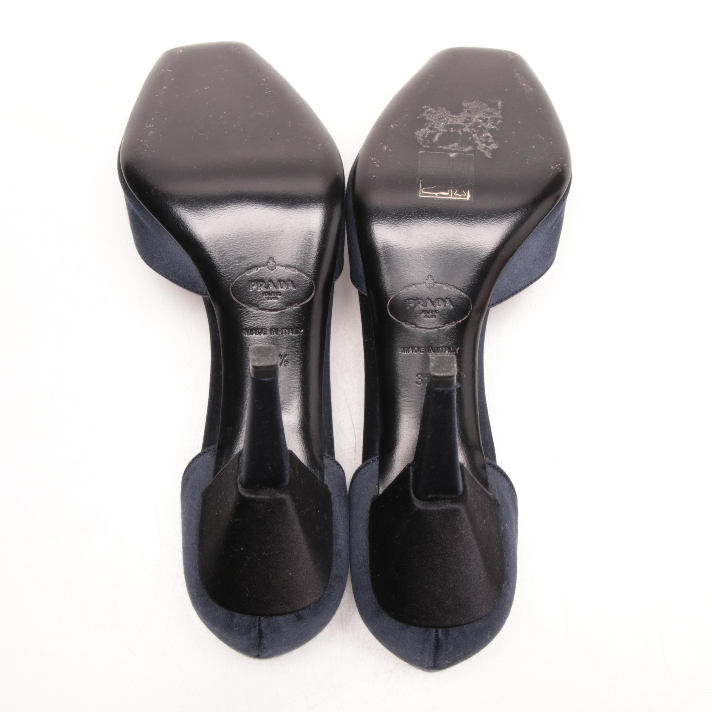 Prada Navy Blue and Black Satin High-Heeled D'Orsay Peep-Toe Pumps