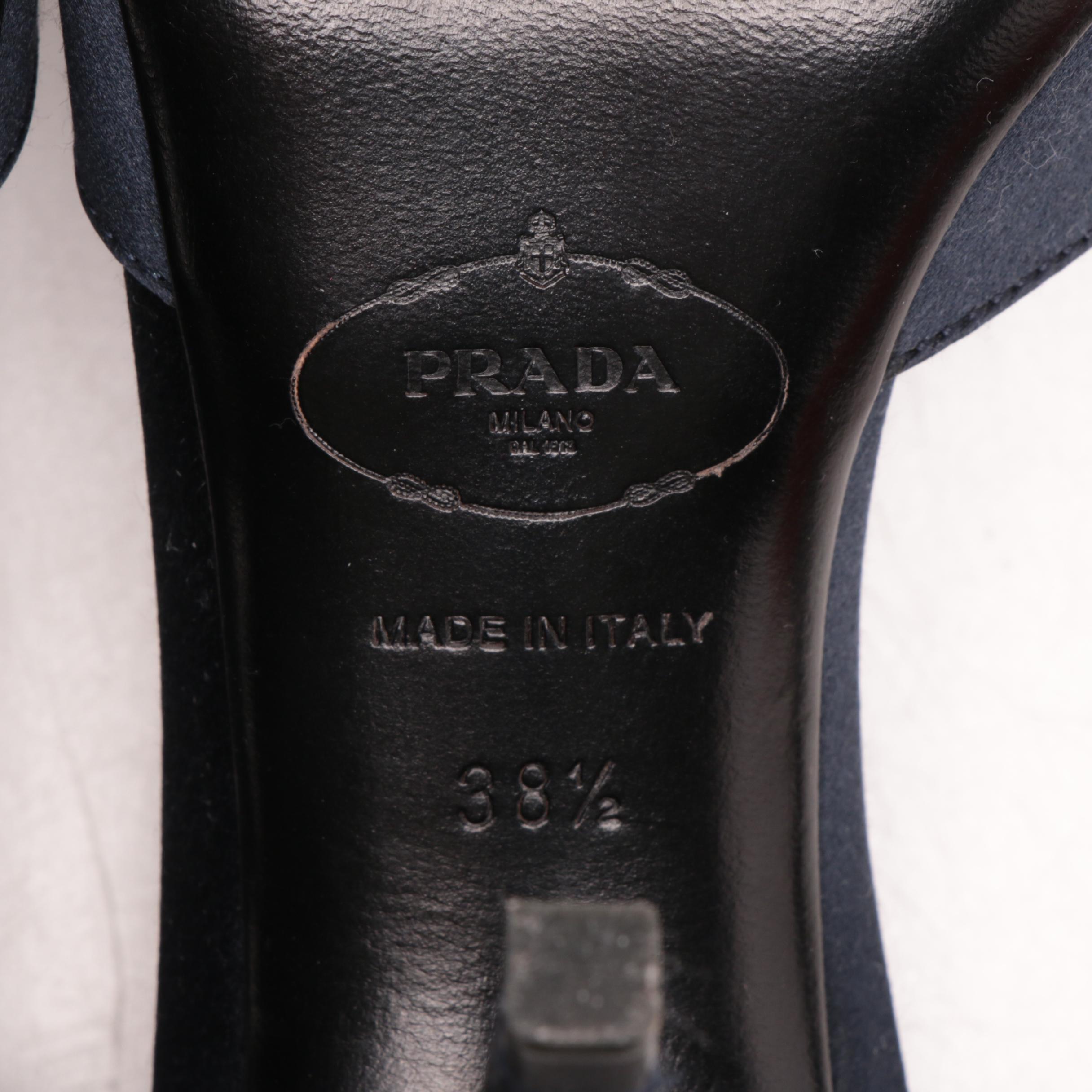 Prada Navy Blue and Black Satin High-Heeled D'Orsay Peep-Toe Pumps
