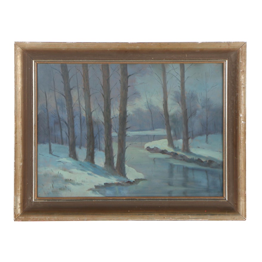 Mid 20th Century Oil Painting of a Winter Sylvan Landscape