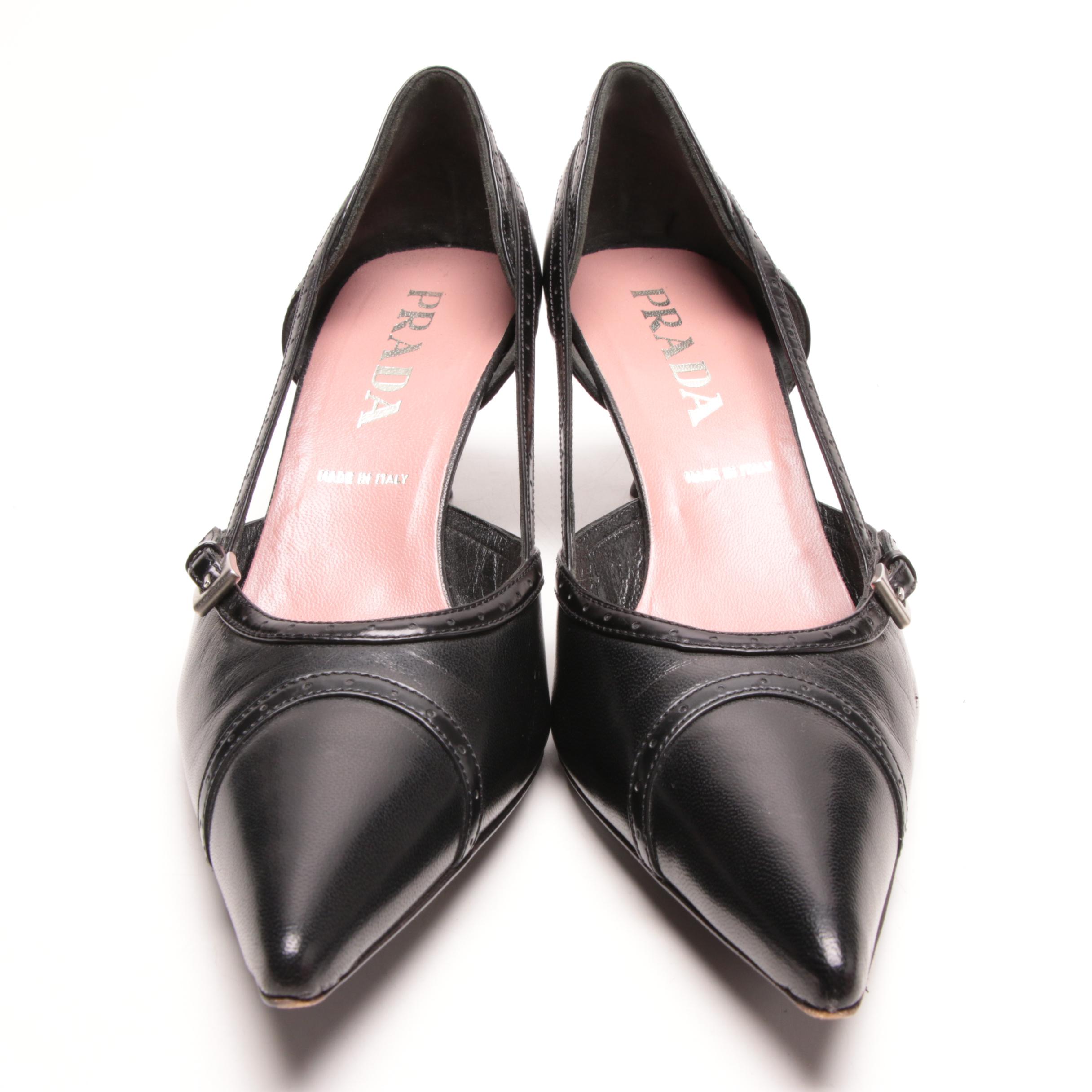 Prada Black Leather Pointed-Toe Kitten Heels