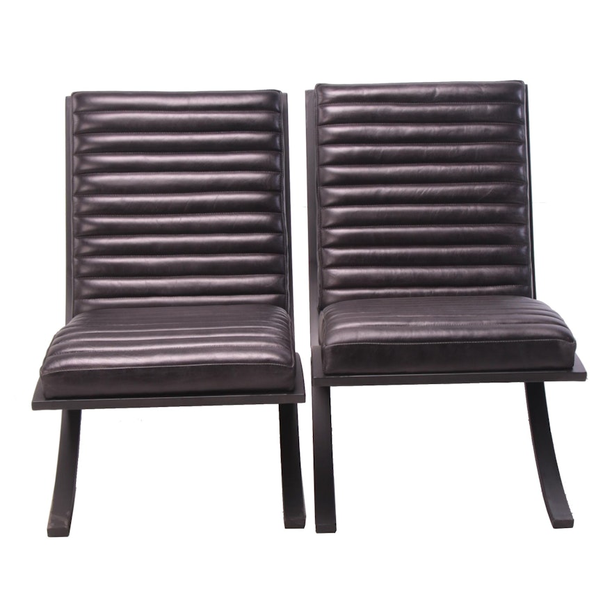 Pair of Bauhaus Style "Soho" Channel Tufted Leather Lounge Chairs