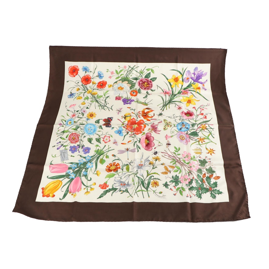 Gucci Floral Print Silk Scarf Designed by Vittorio Accornero, 1970s Vintage