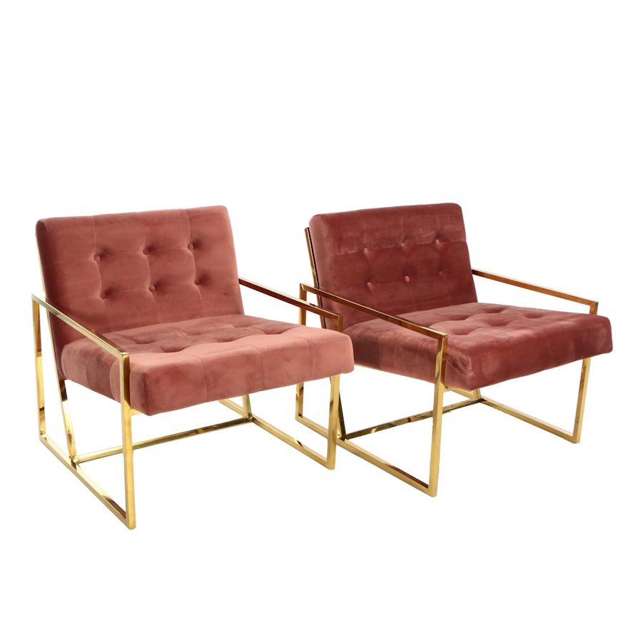 Pair of "Beauvoir" Button Tufted Velour Lounge Chairs