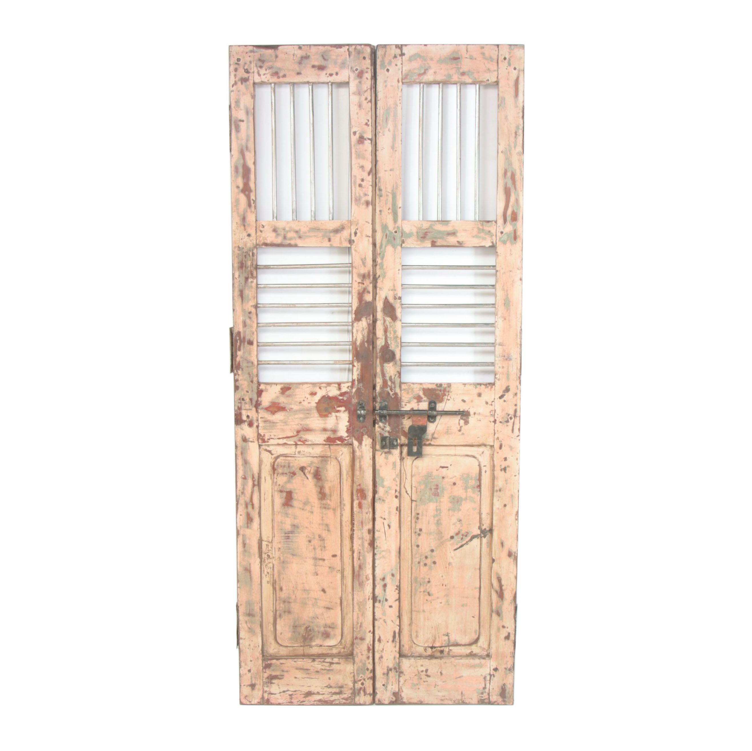 Reclaimed Indian Hardwood French Doors with Iron Security Bars, 20th Century