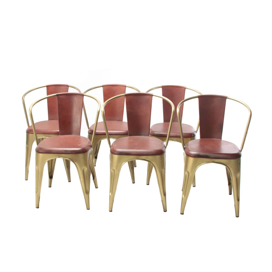 Industrial Style "Cigar" Gold Tone Metal and Leather Dining Chairs, Set of Six