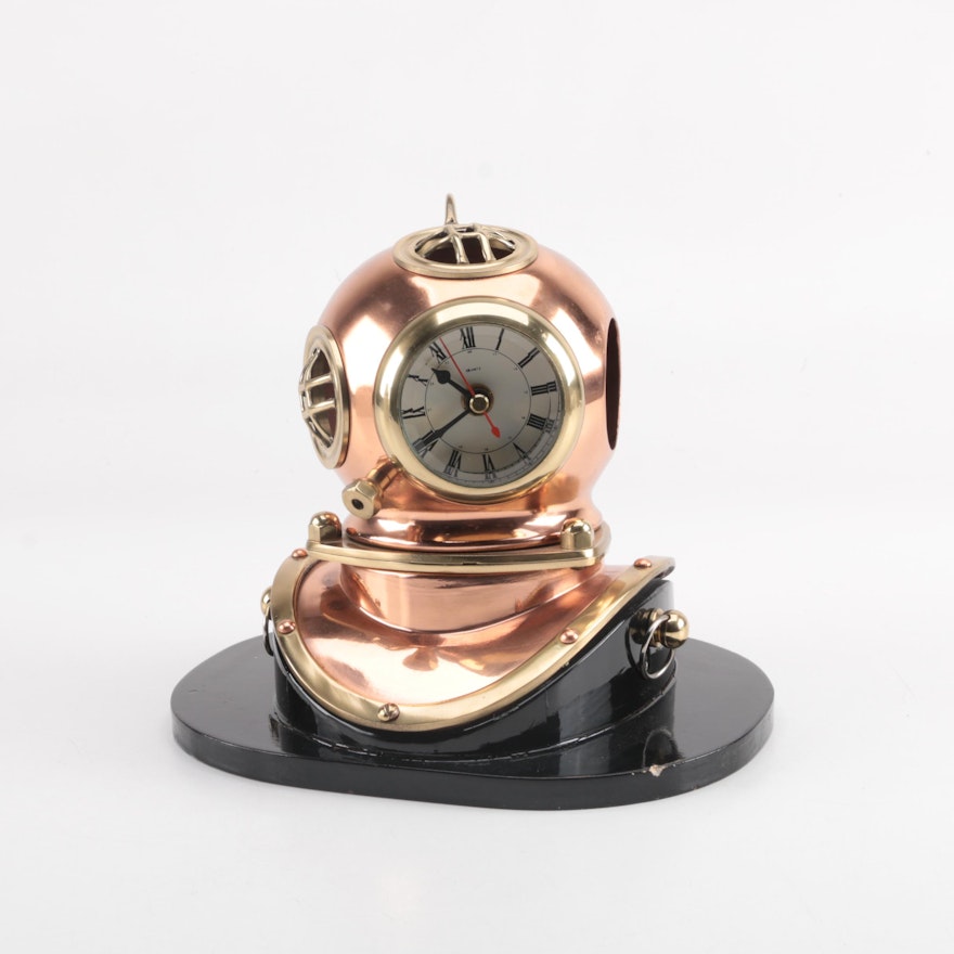 Copper and Brass Diving Helmet Shelf Clock