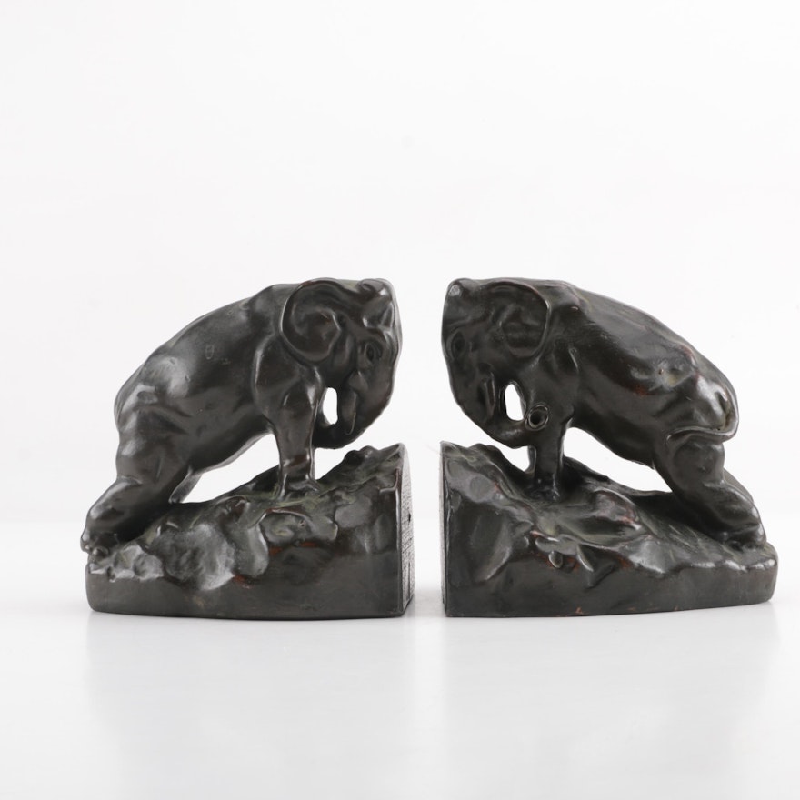 American Bronze Plated Cast Metal Elephant Bookends, Early 20th Century