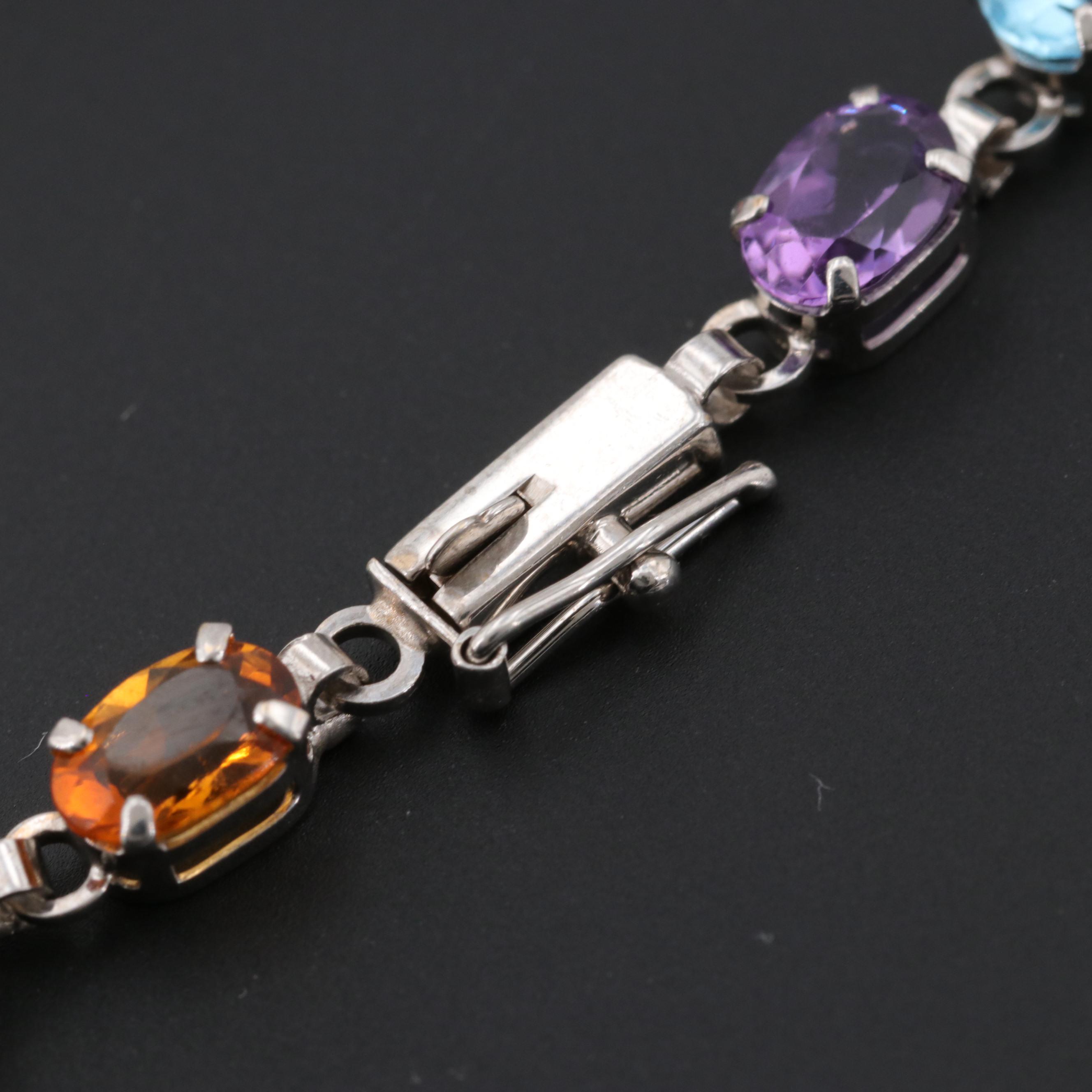 10K White Gold Gemstone Bracelet Featuring Amethyst and Garnet